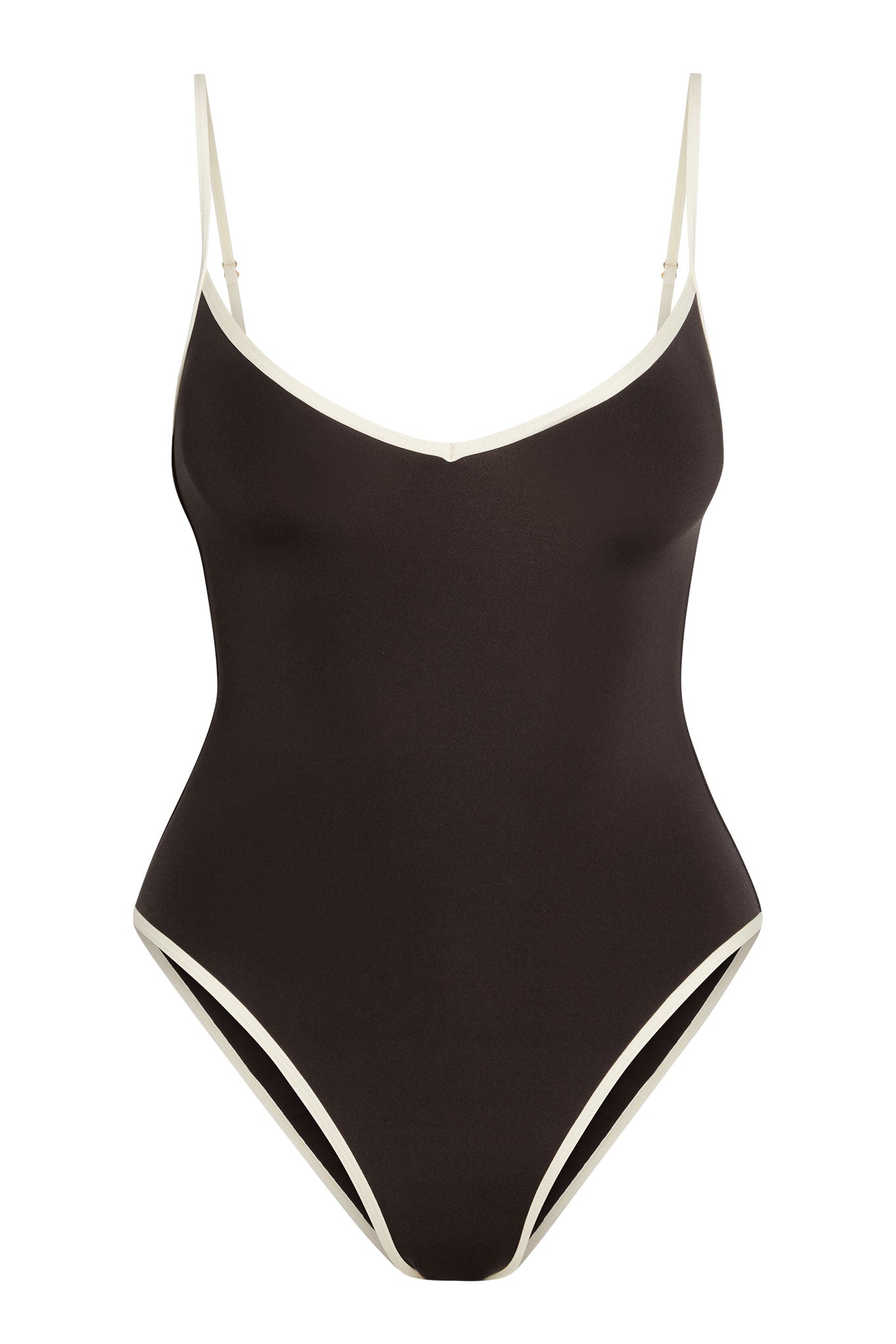 Brown one-piece swimsuit with cream trim, V-neck and adjustable thin shoulder straps.