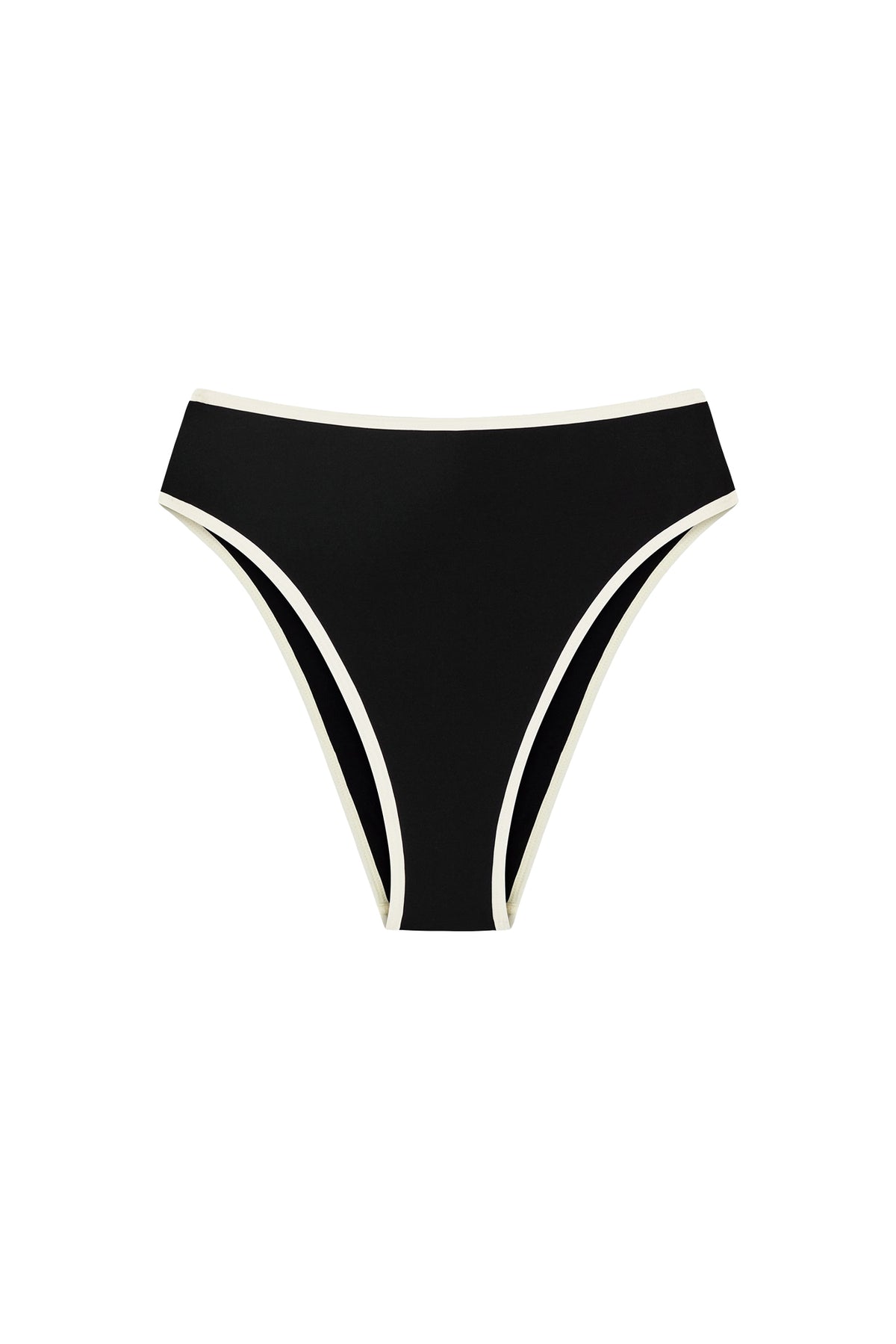 Front view of Ravello Bottom in black and ivory showcasing binded high-waisted fit, high-cut leg and cheeky coverage on white background