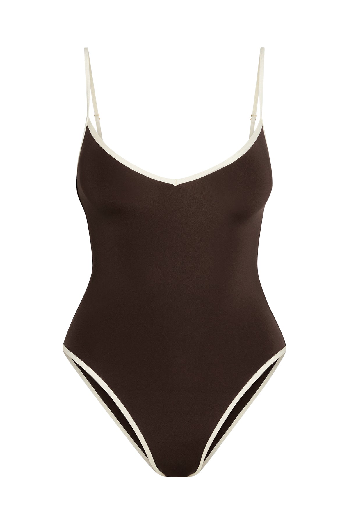 Front view of Ravello One Piece in espresso and ivory, showcasing ivory trim, V neckline, and adjustable straps on white