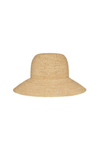 Front view of Rio Hat in Natural raffia showcasing wide brim and woven texture on white background