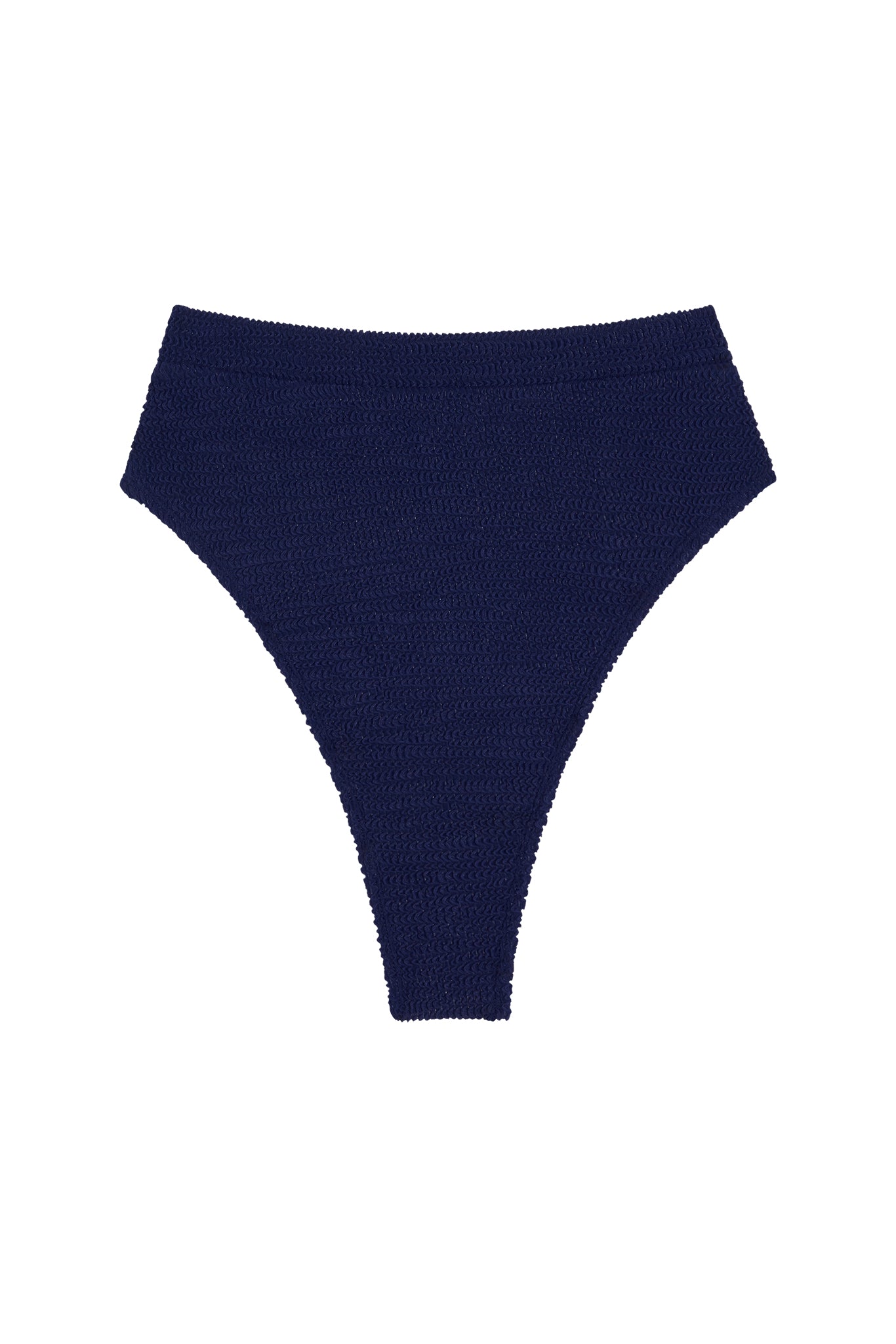 Navy textured high-cut bikini bottom on white background.