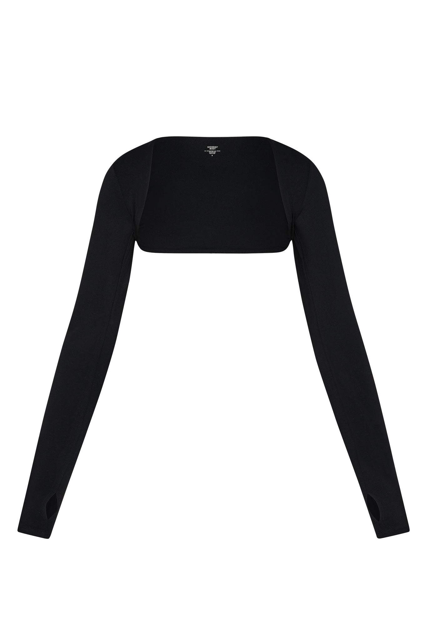 Black cropped shrug with long fitted sleeves and thumbholes, square back neckline