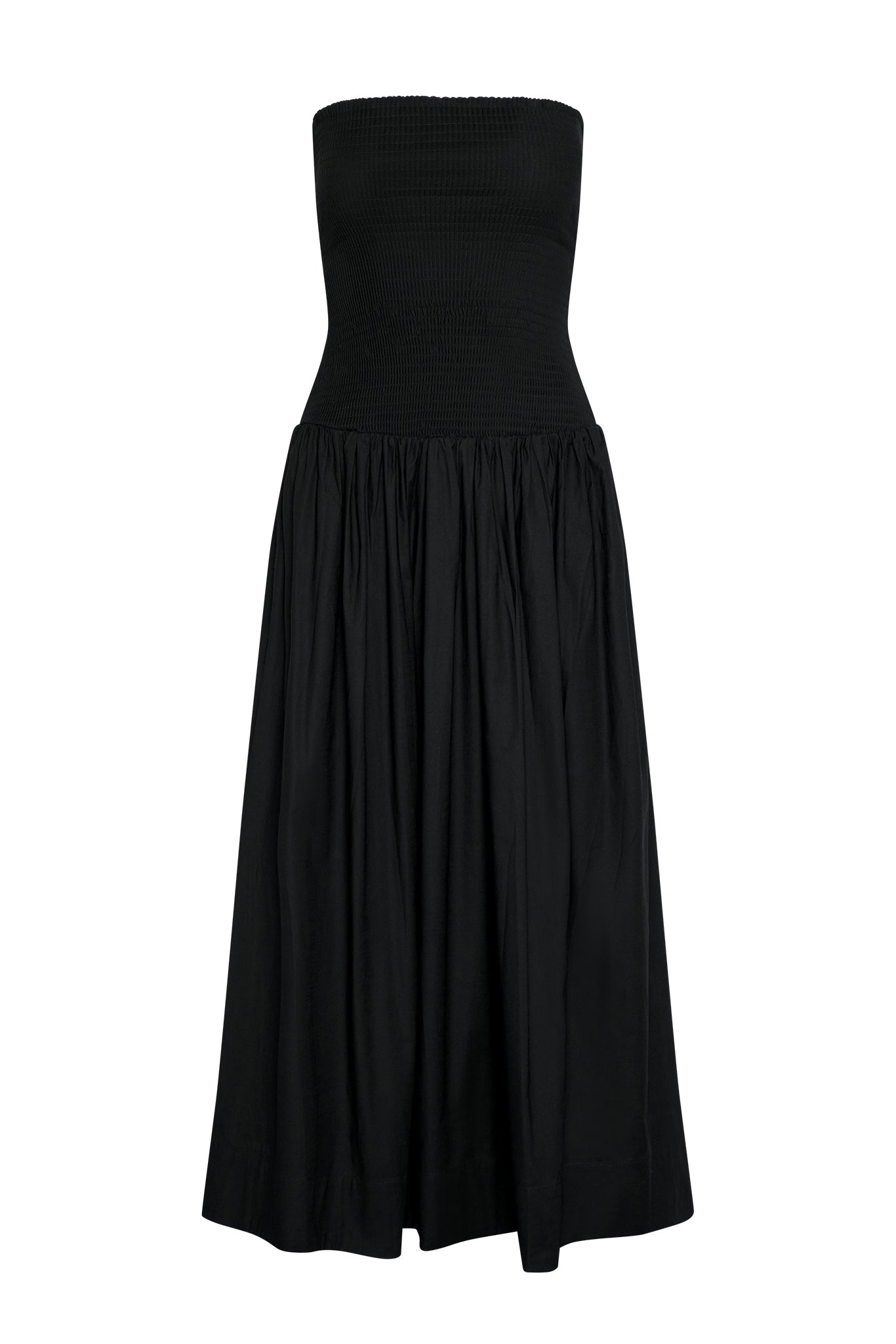 Strapless black maxi dress with smocked bodice and gathered full skirt on white background