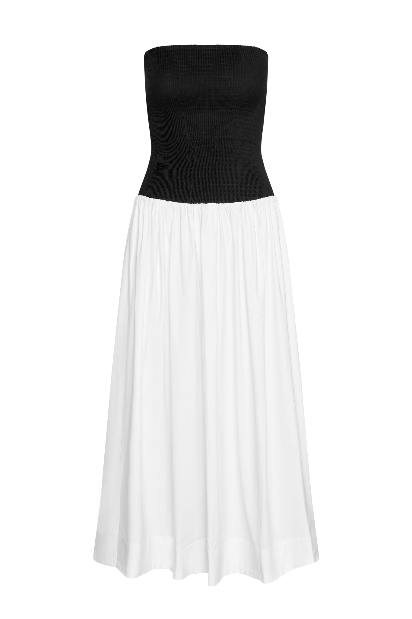 Strapless black smocked bodice with long white gathered maxi skirt, front view.