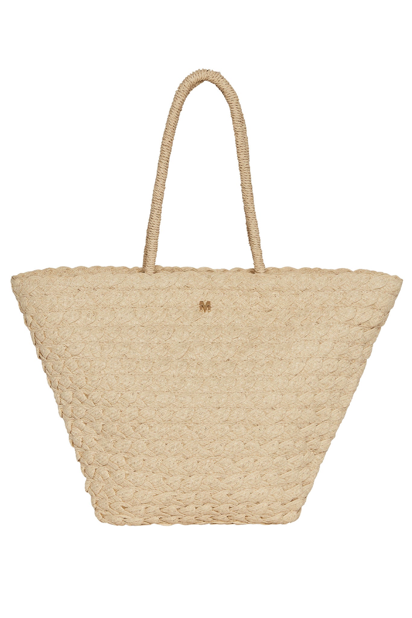 Woven straw tote bag with braided texture, single top handle and small gold M logo centered