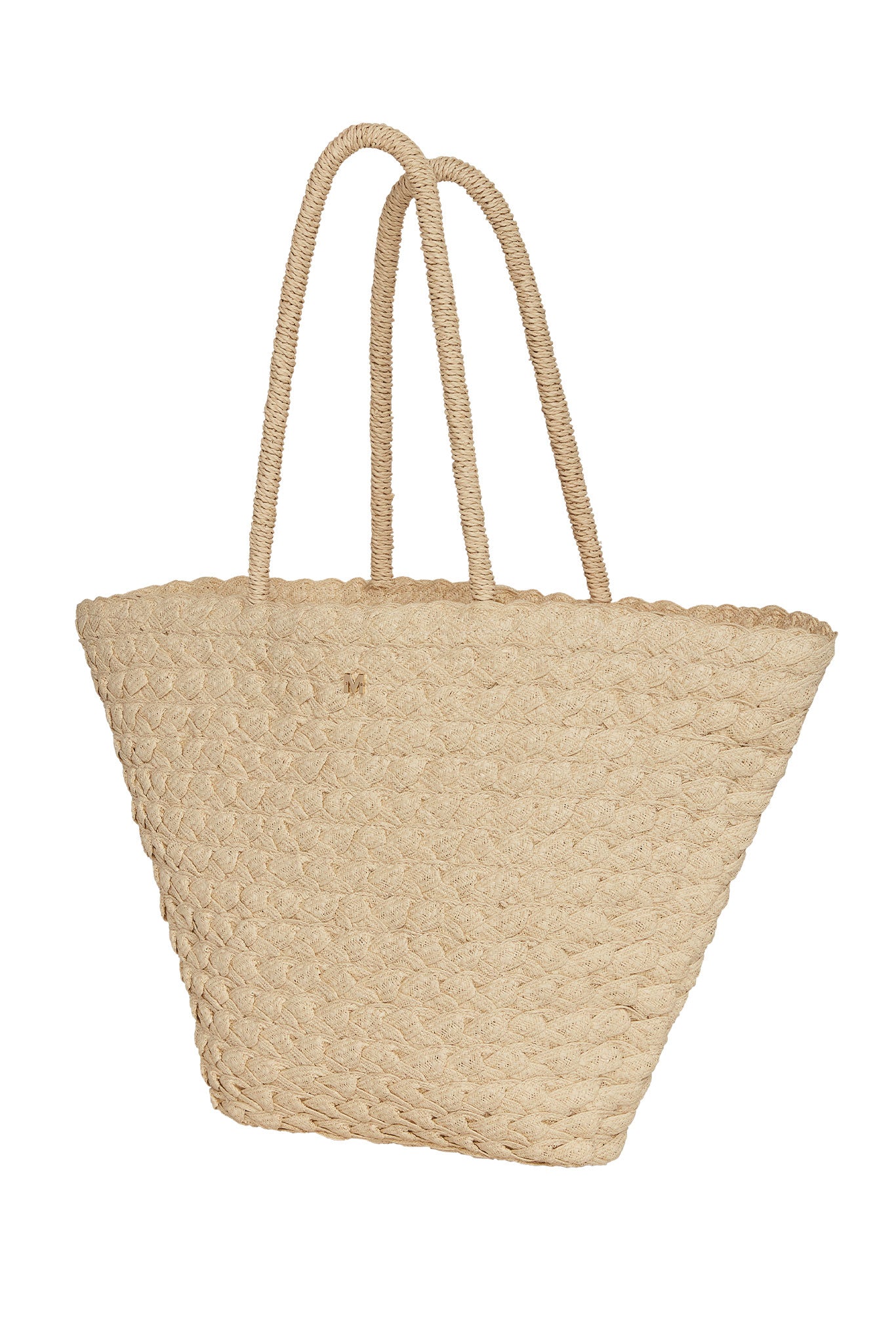 Woven straw tote bag with braided texture and two shoulder handles, natural beige