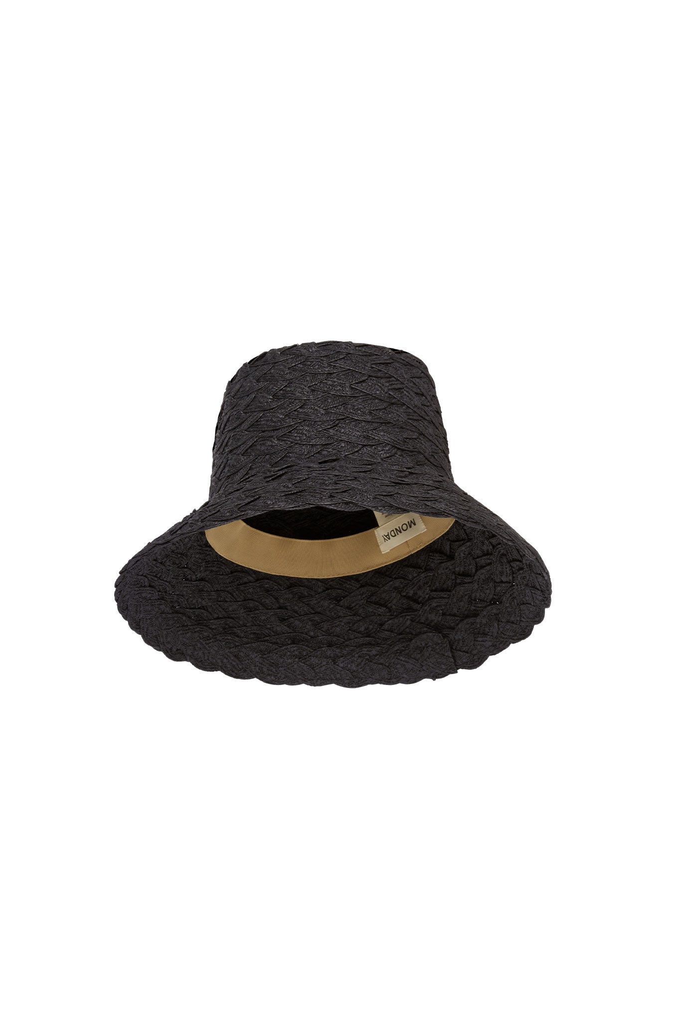 Black braided straw bucket hat with tan inner sweatband and label reading MONDAY.