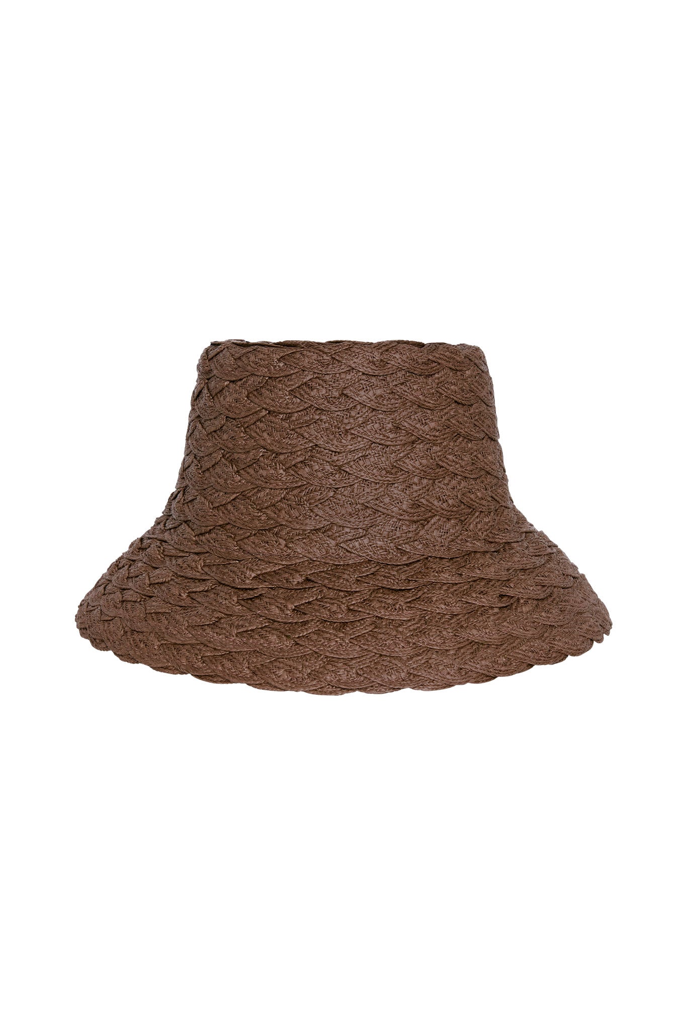 Brown braided straw bucket hat with flared brim