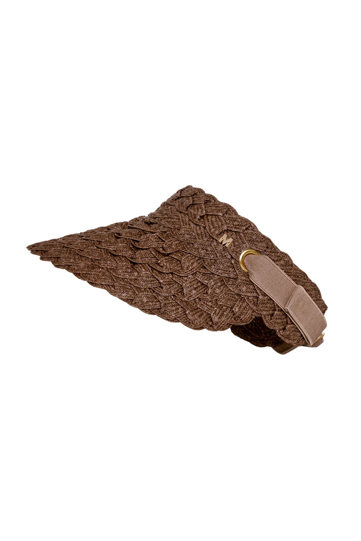 Brown braided straw sun visor with elastic fabric strap, gold ring and small 'M' charm.