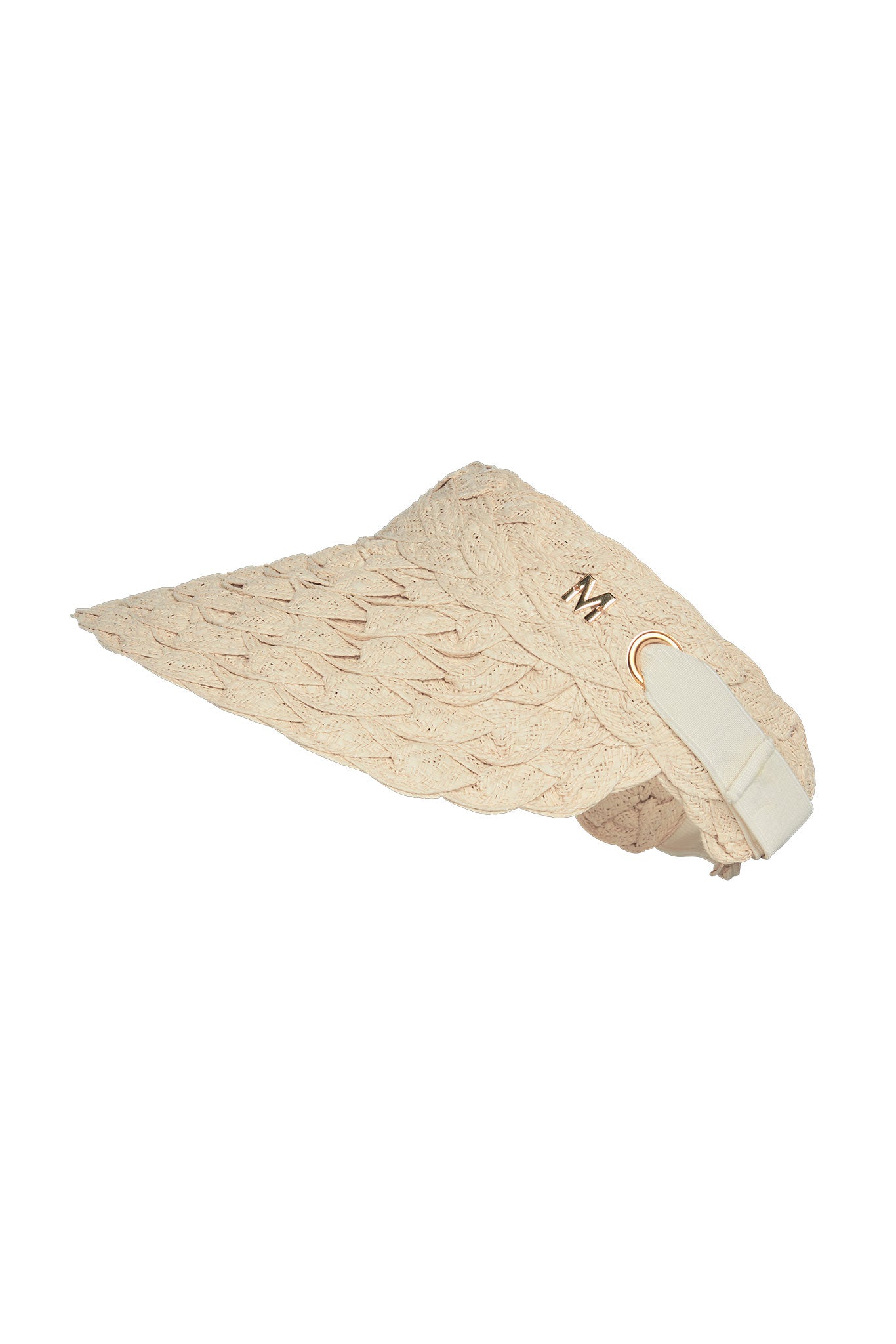 Beige braided straw visor with elastic back strap and gold metal M initial on the band