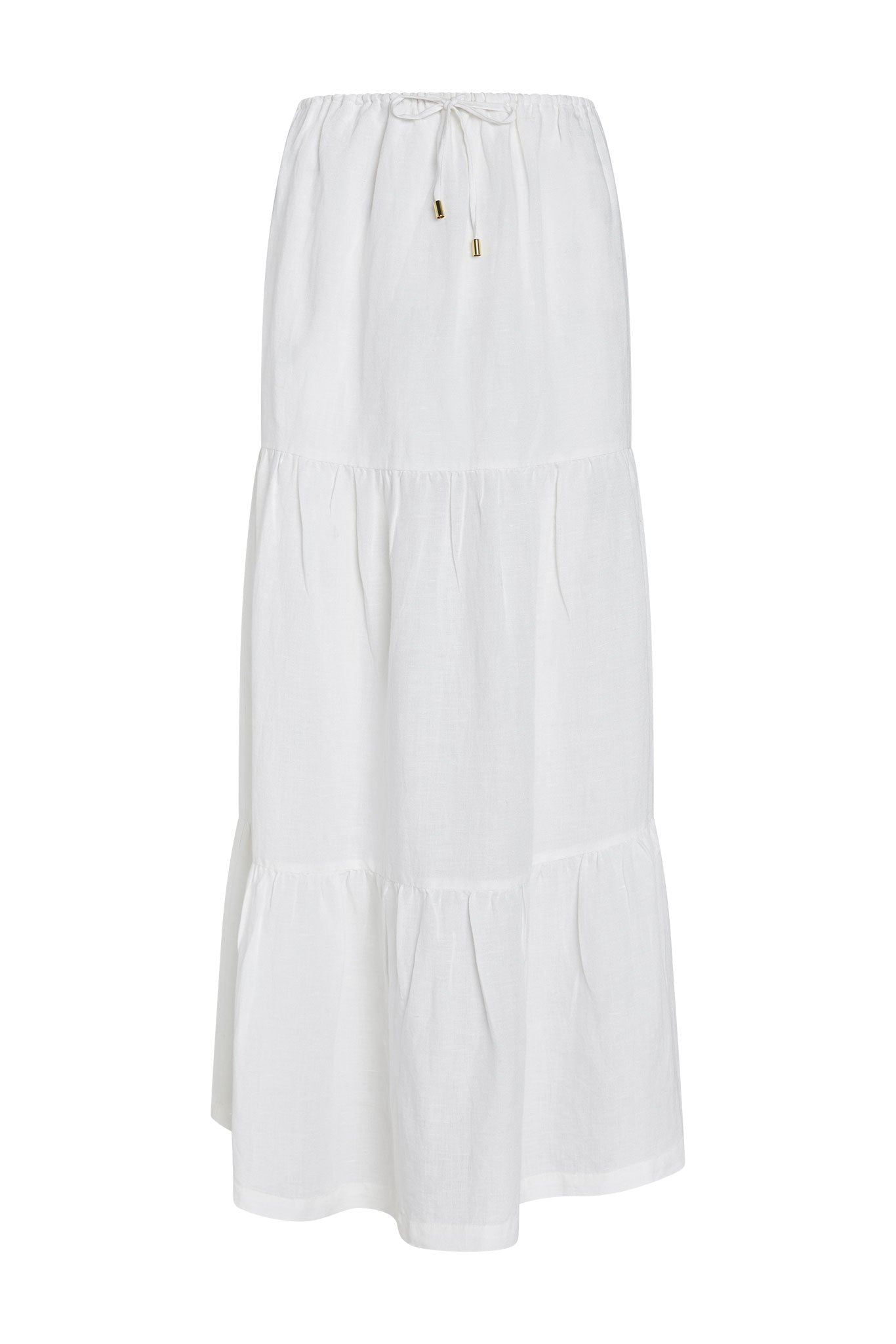 White tiered maxi skirt with drawstring waist and gold-tone aglets, lightweight linen-like fabric.