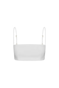 Front view of San Diego Top in White Linen, cropped bandeau with adjustable straps and back tie