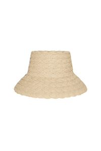Front view of San Remo Hat in natural paper raffia showcasing woven texture and scalloped brim against a white background