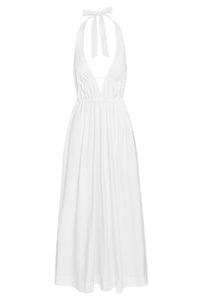 Front of Santa Cruz Dress in white with plunging halter V-neck, elastic underbust and ankle-length skirt on white background