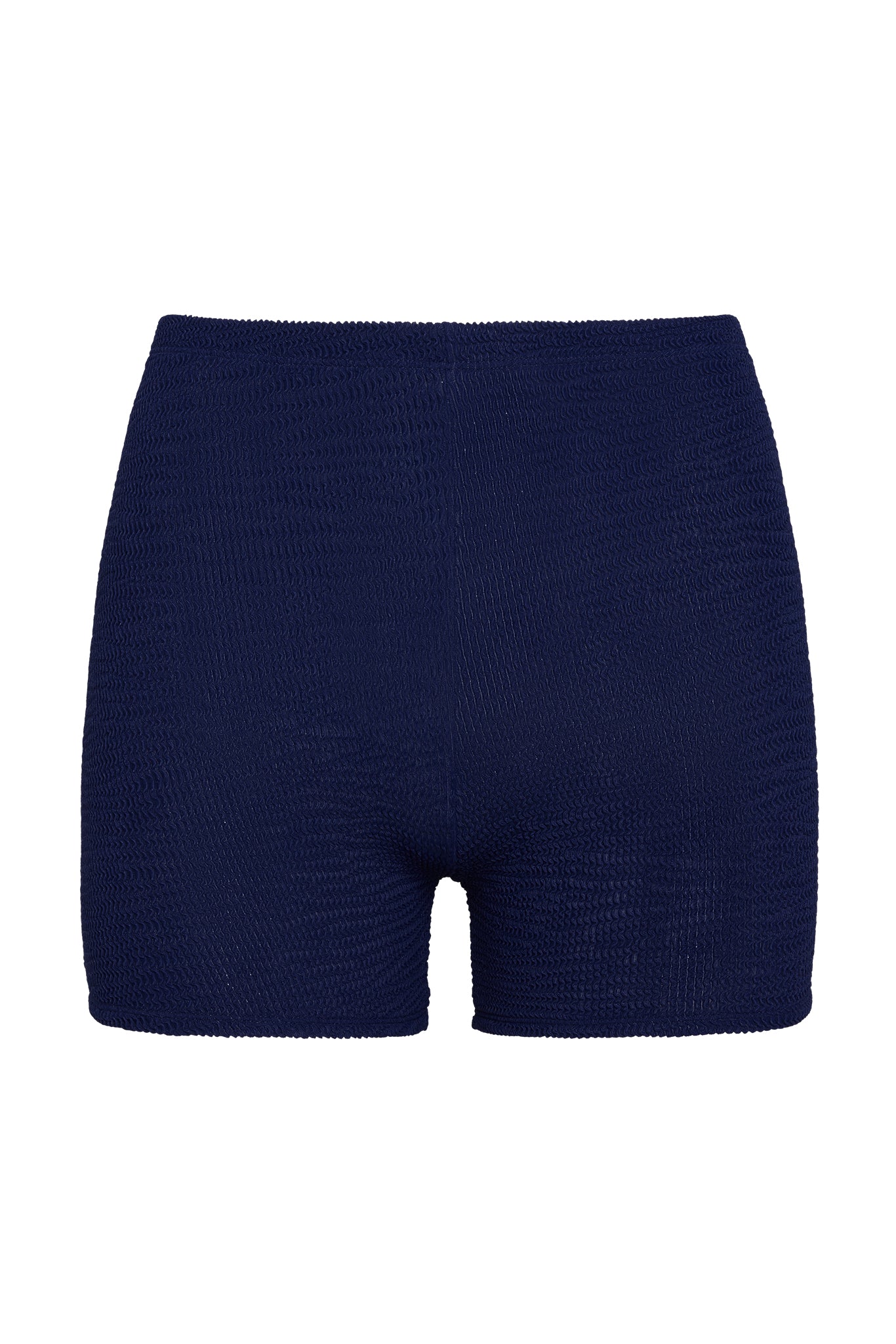 Navy textured high-waist shorts with short inseam and smocked knit appearance