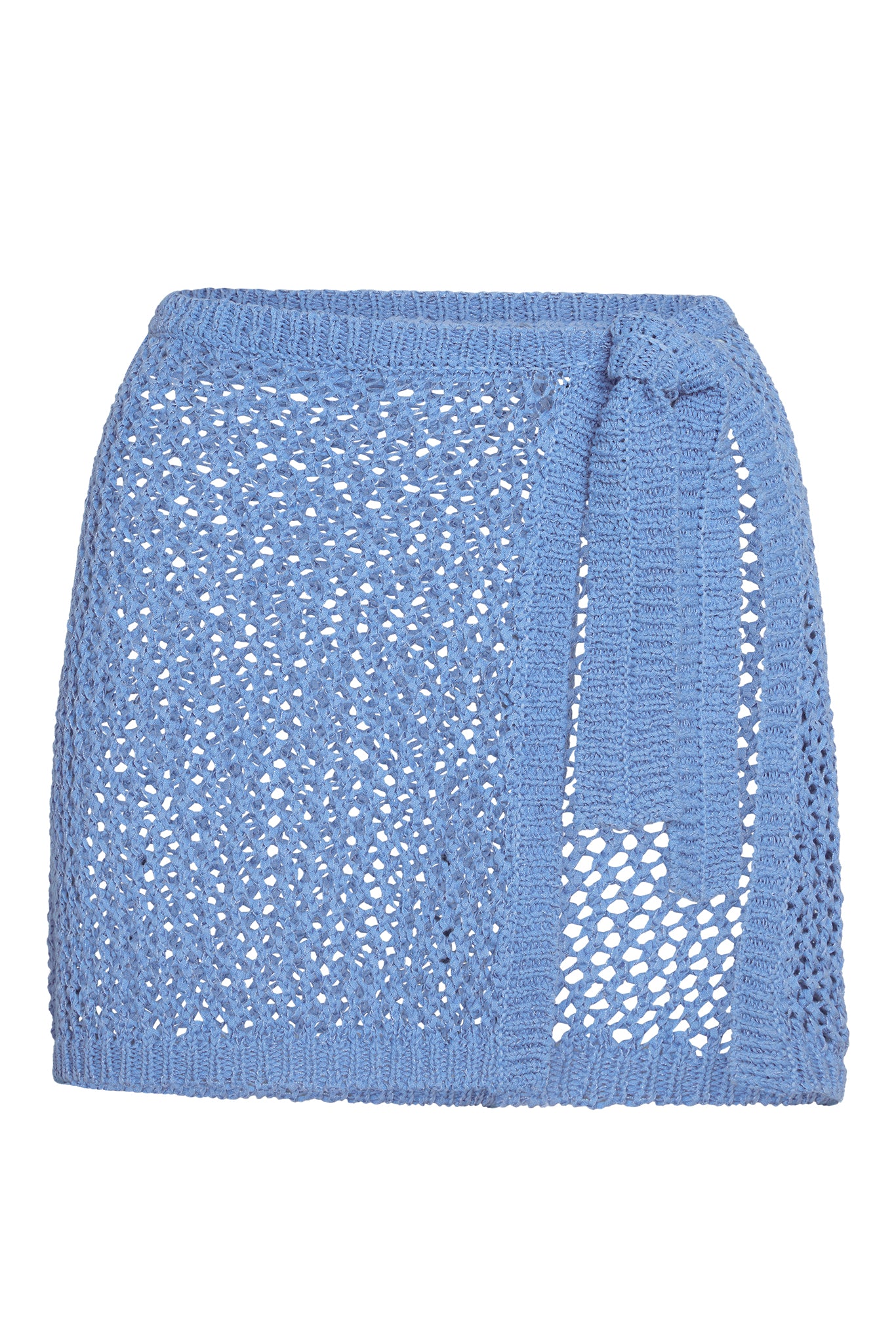 Blue crocheted wrap-style mini skirt with tie at waist, openwork knit pattern.
