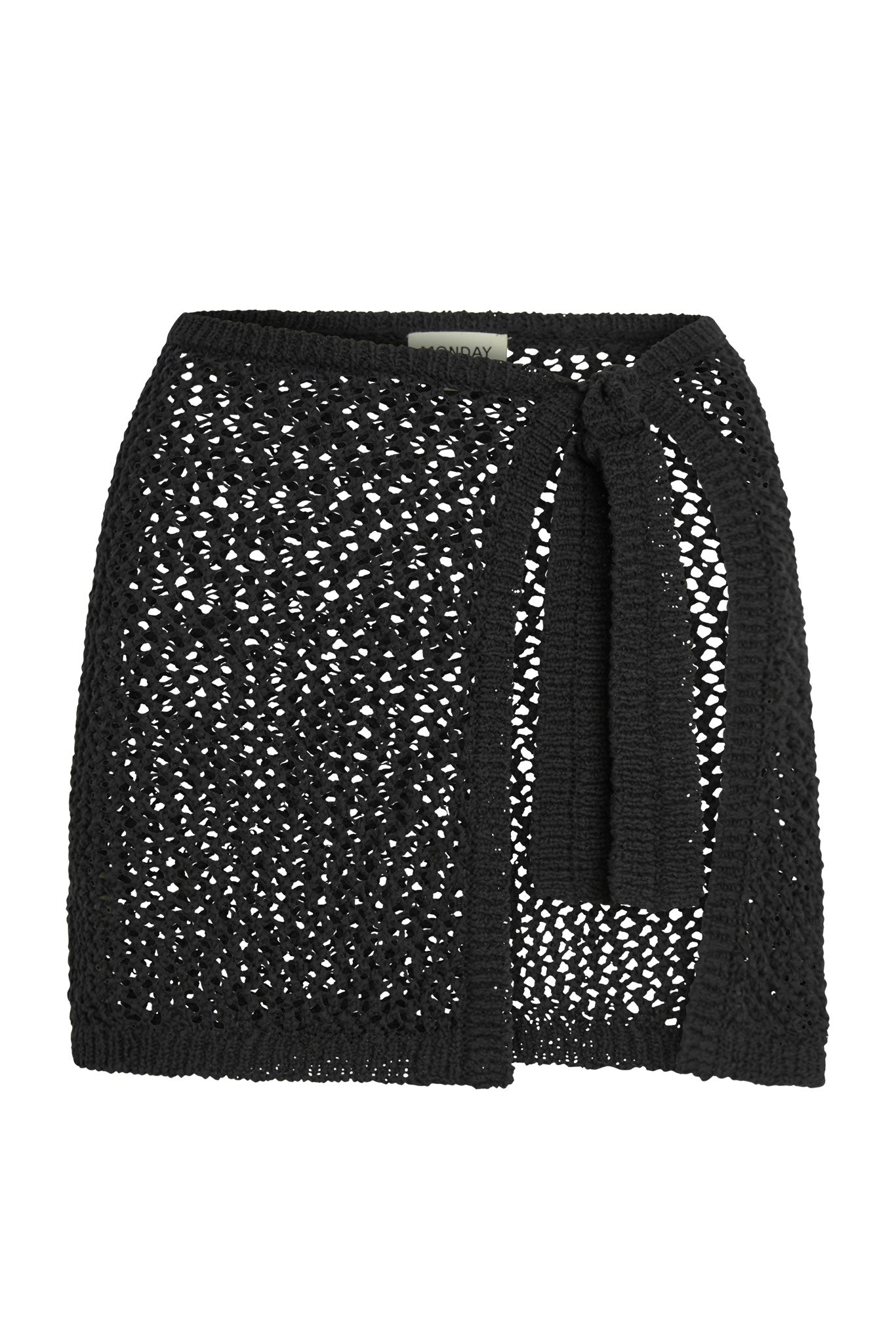Black open-weave crocheted mini skirt with side tie and visible label 'MONDAY' at waistband