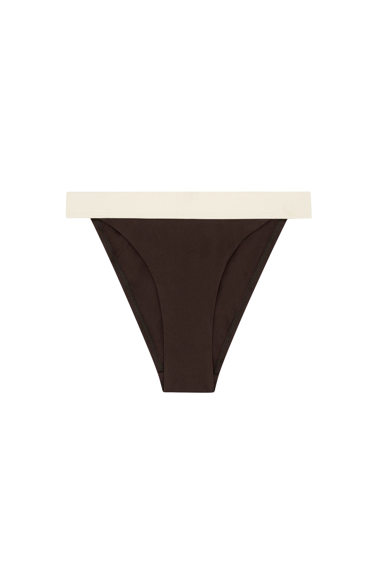 Front view of Santorini Bottom in Espresso/Ivory showcasing color block detail, ivory waistband, and high leg on a white background