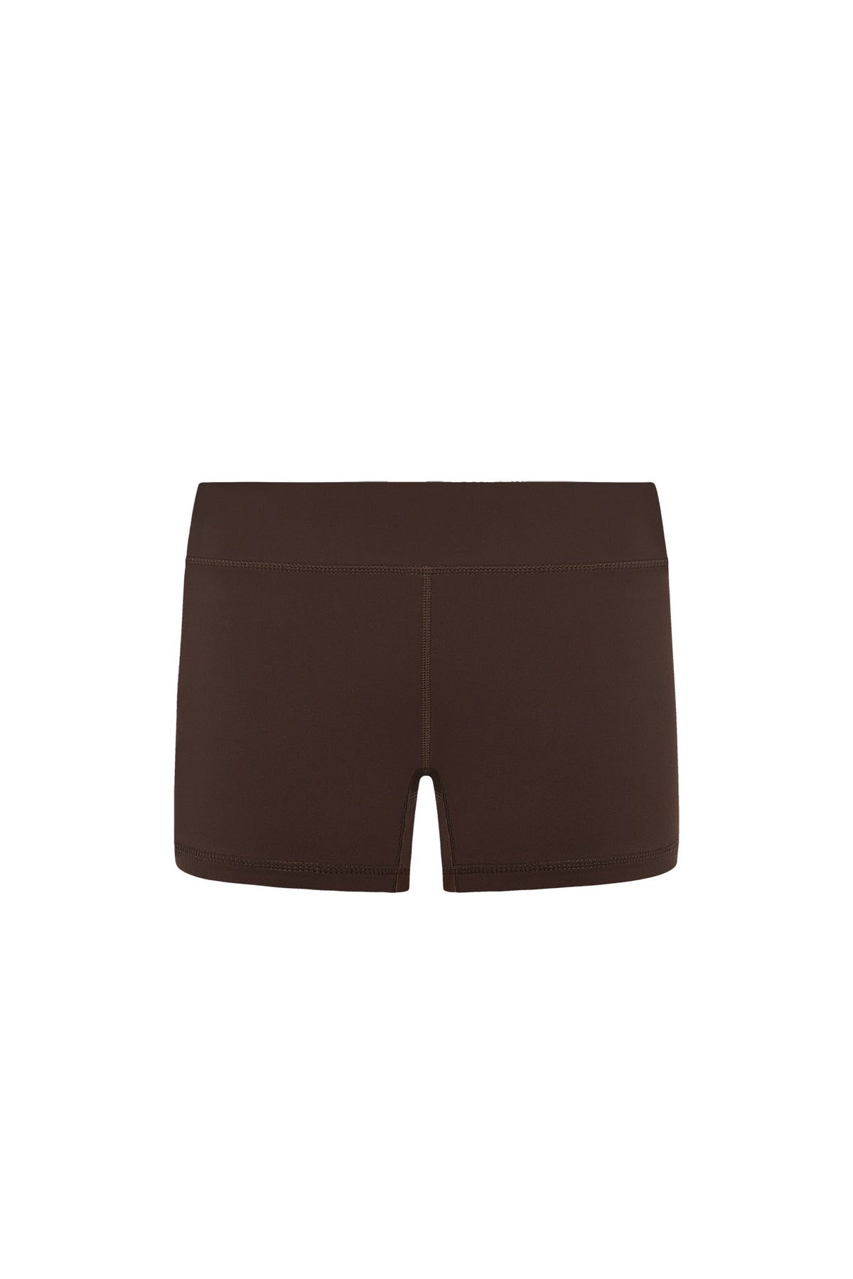 Front view of Sedona Short in Espresso showcasing low-rise doubled waistband and gusset with white background