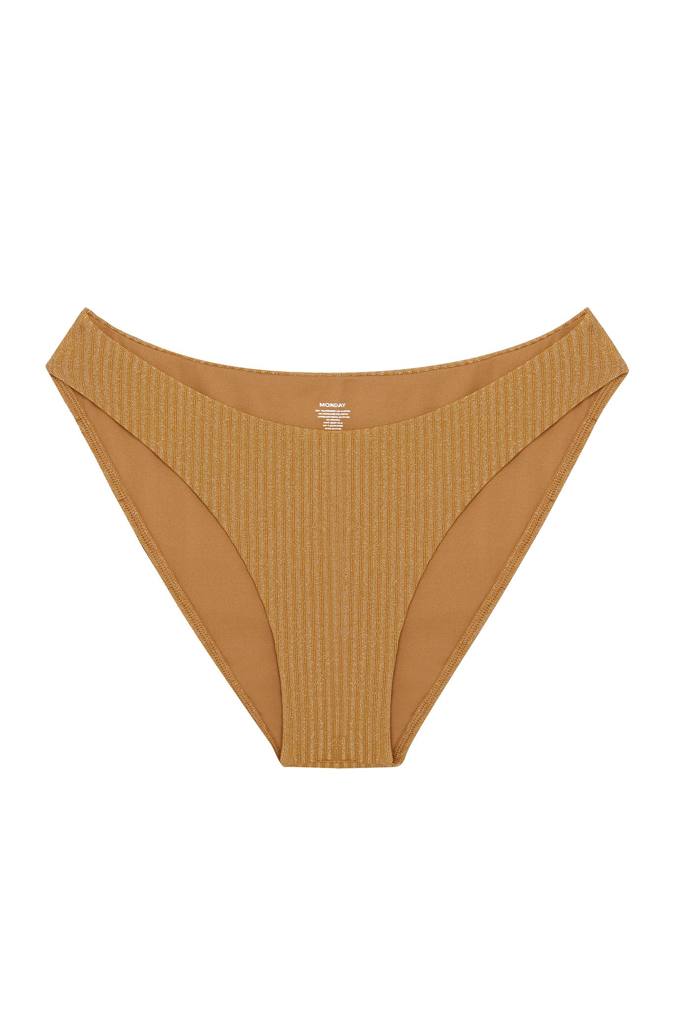 Ribbed tan bikini bottom with mid-rise cut and 'MONDAY' brand label at waistband
