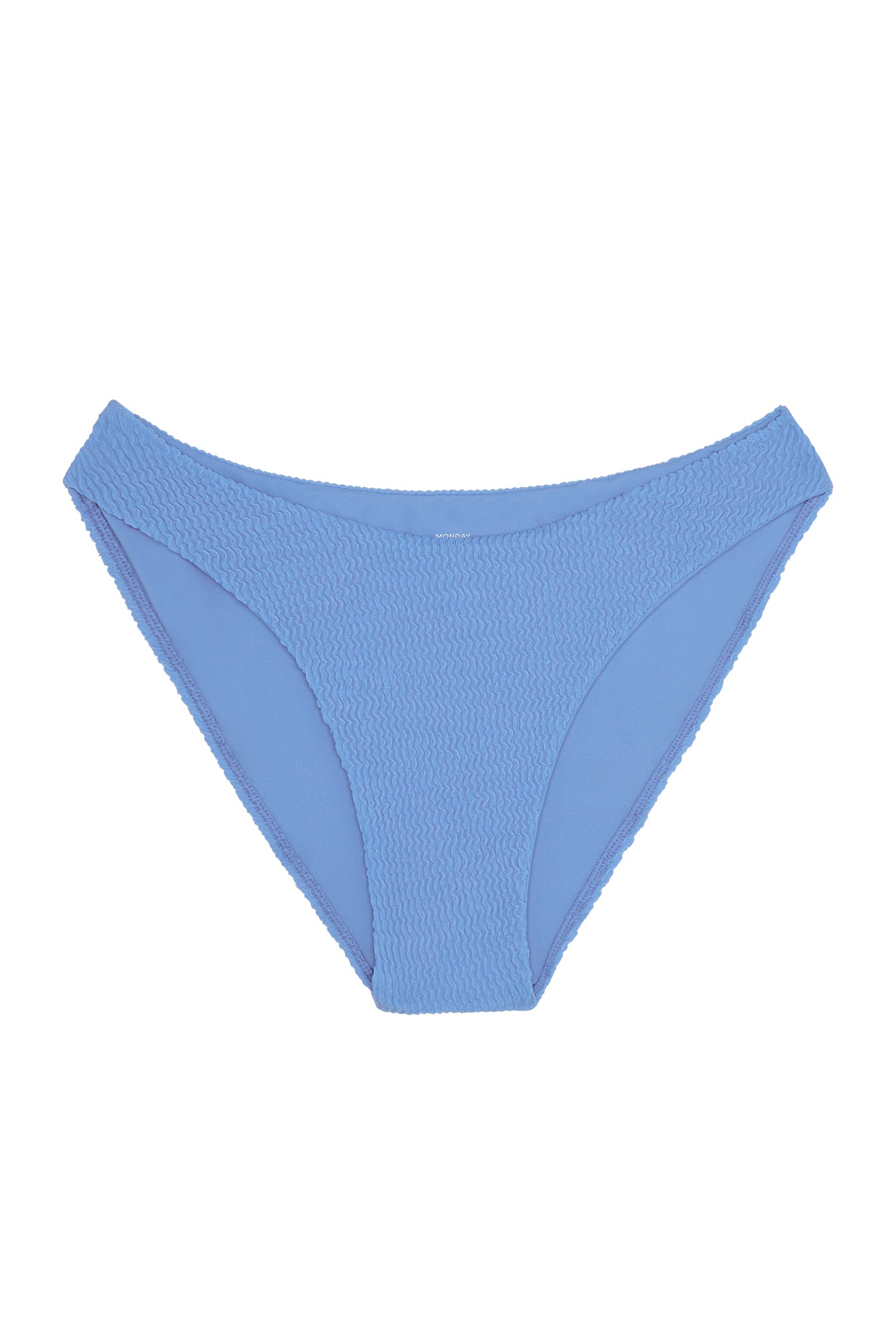 Light blue textured bikini bottoms with high-cut sides; MONDAY logo on inner waistband.
