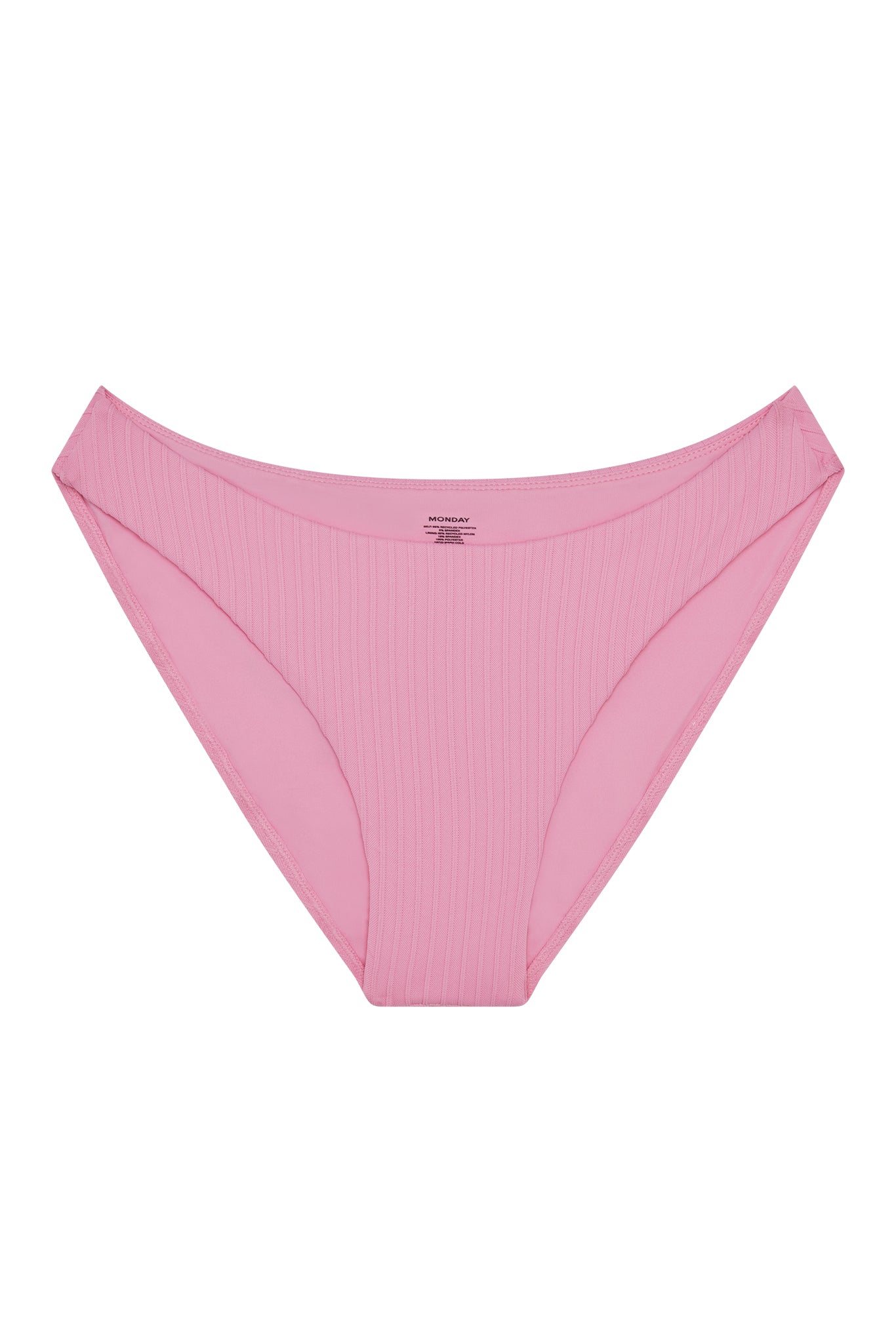 Pink ribbed high-cut bikini bottoms with visible MONDAY brand label at center back