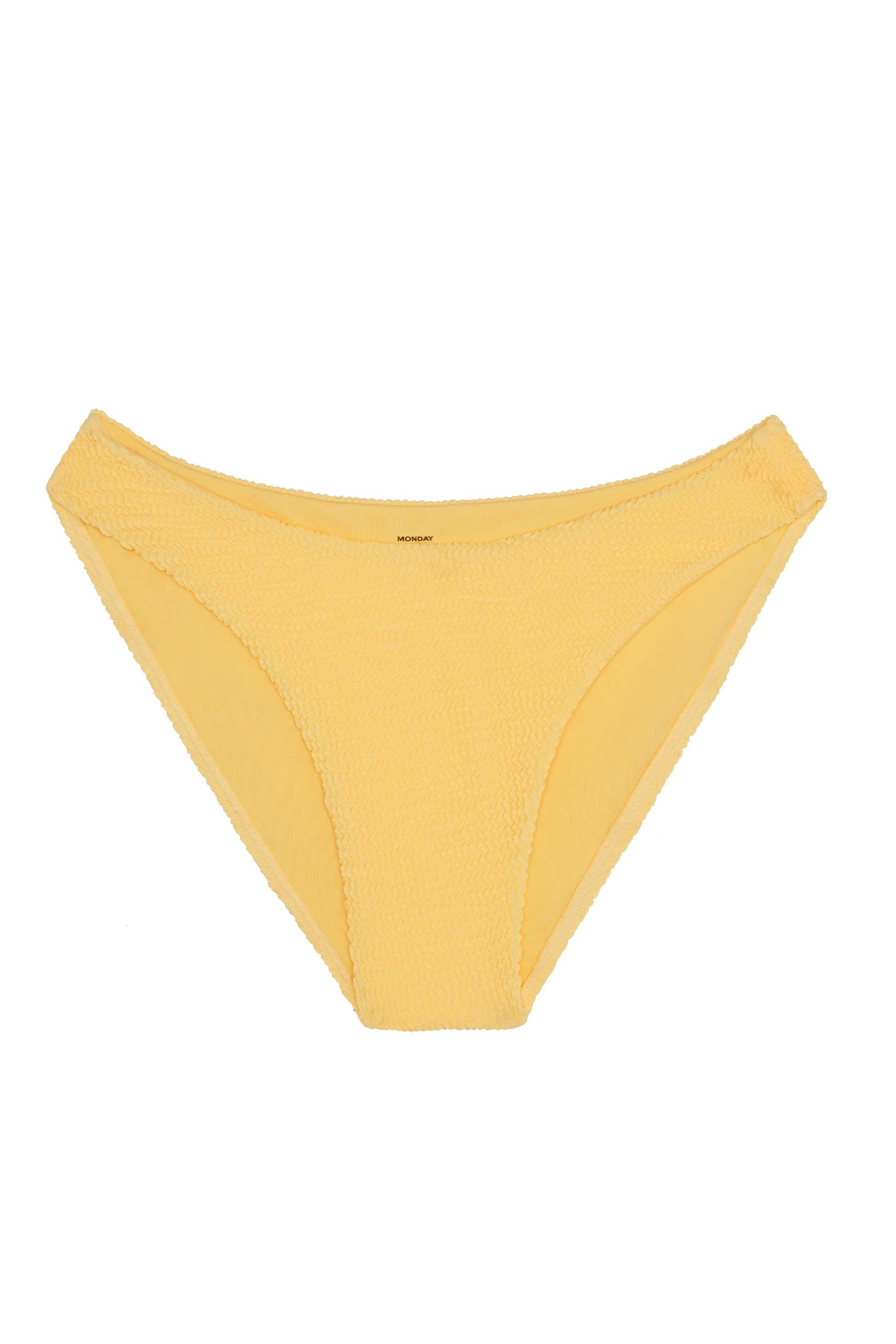 Yellow textured bikini bottom with 'MONDAY' label on inner waistband