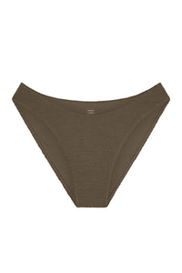 Front view of Seychelles Bottom in Stone crinkle showcasing textured crinkle fabric and high-cut leg on white background