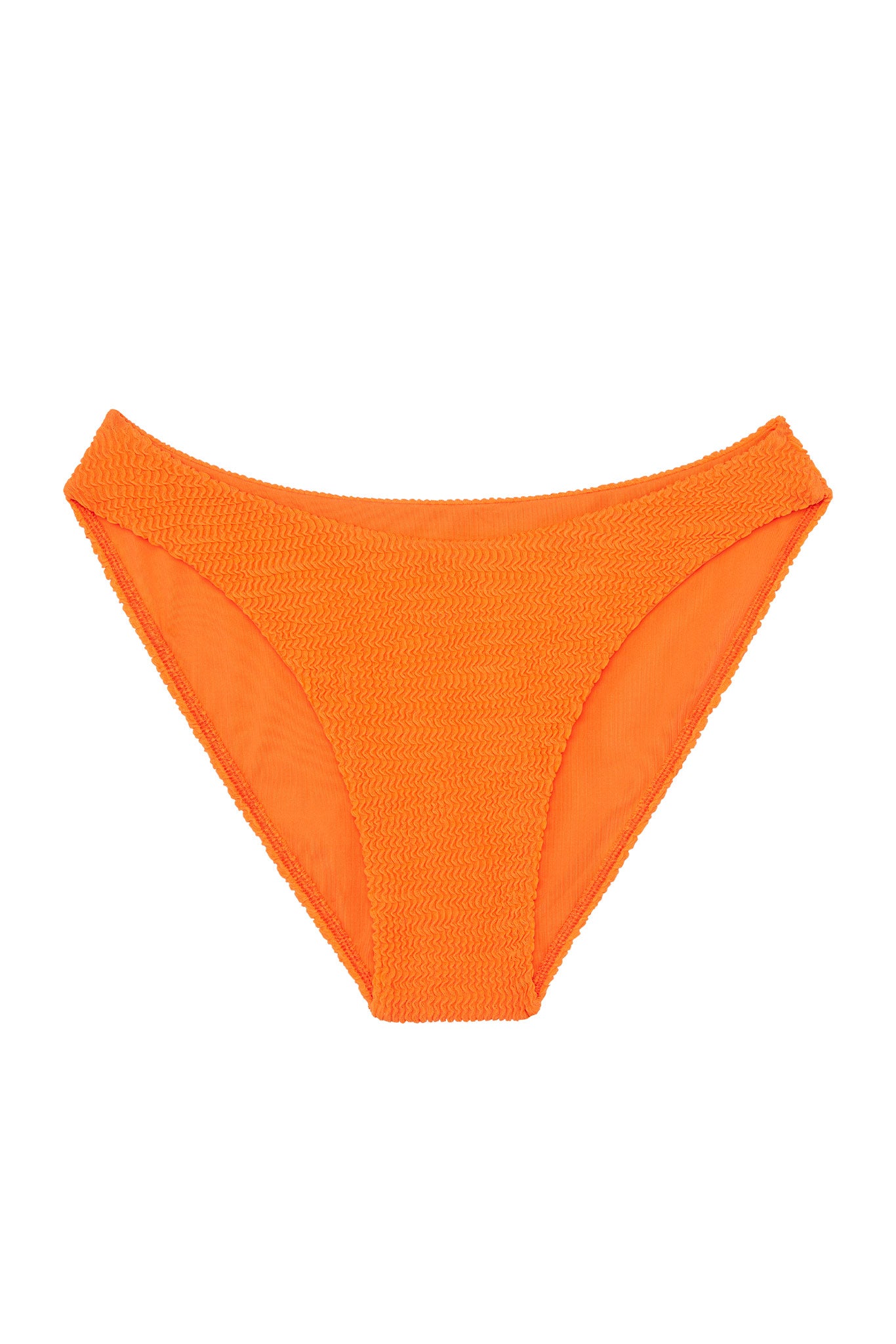 Orange textured high-cut bikini bottom, front view on white background.