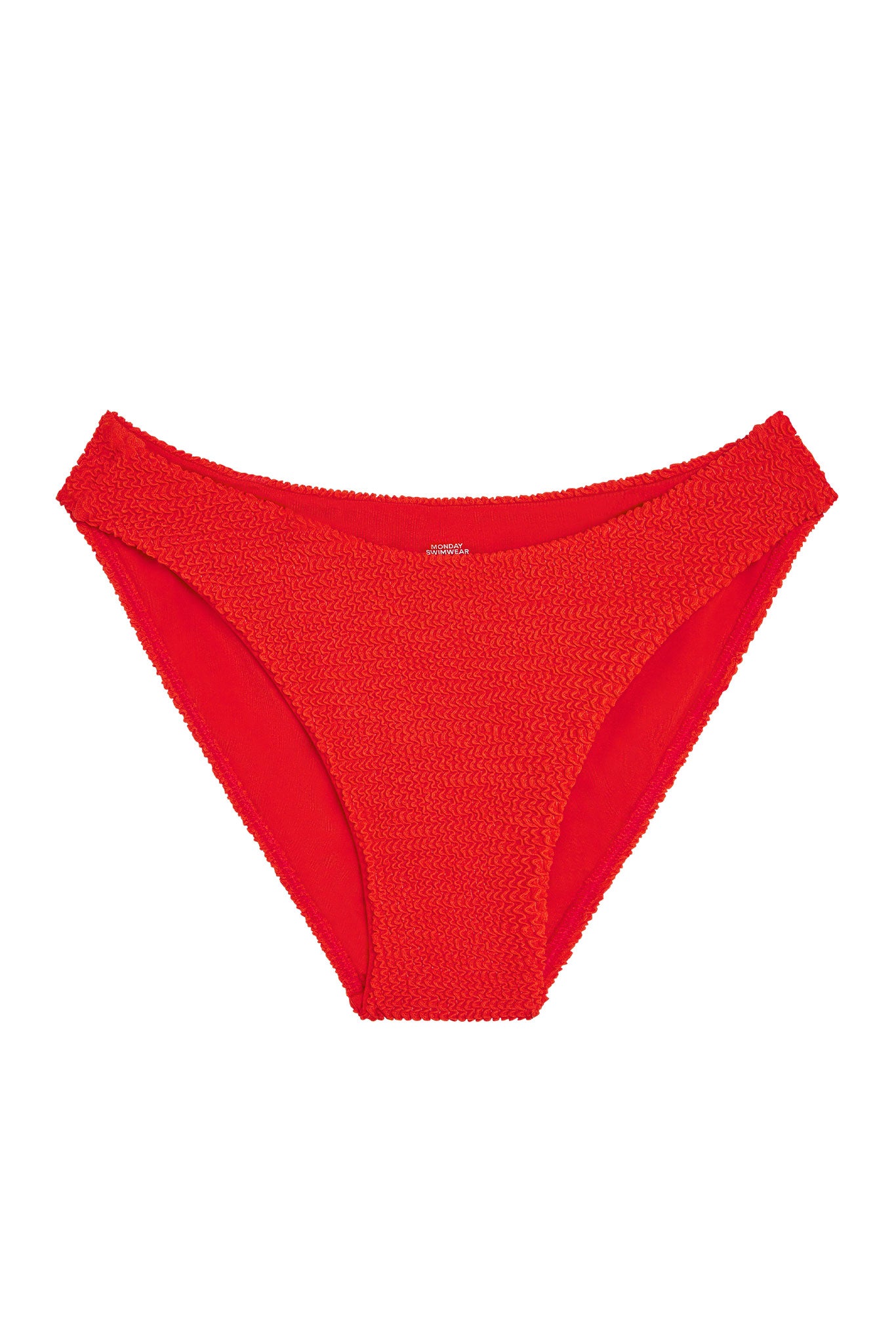 Red textured bikini bottoms with high-cut leg and small label reading MONDAY SWIMWEAR