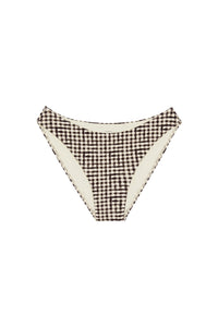 Front view of Seychelles Bottom in black gingham, mid-rise with moderate coverage, lined crinkle fabric on white background