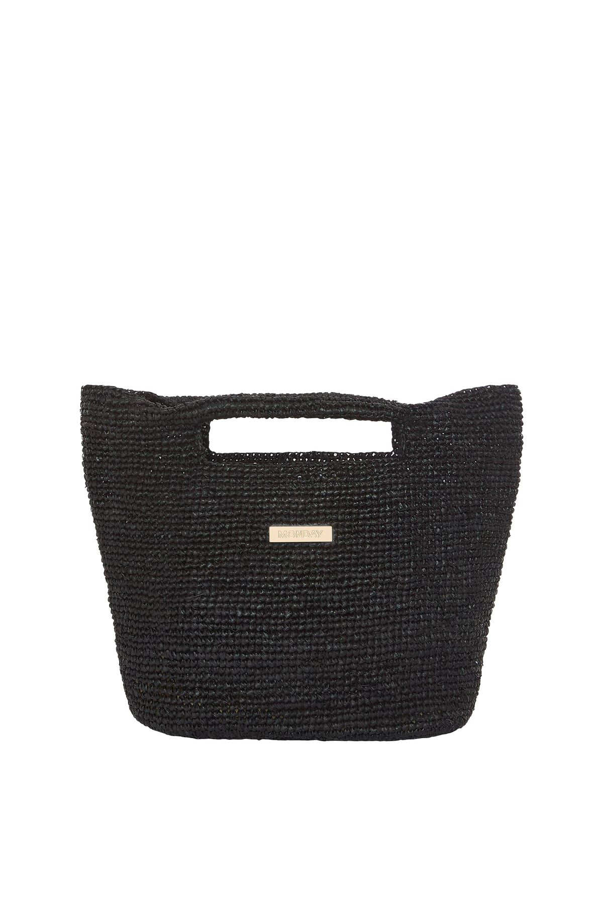 Top-front view of Small Paloma Bag in black showcasing woven raffia texture, cutout handle and gold MONDAY logo on white background