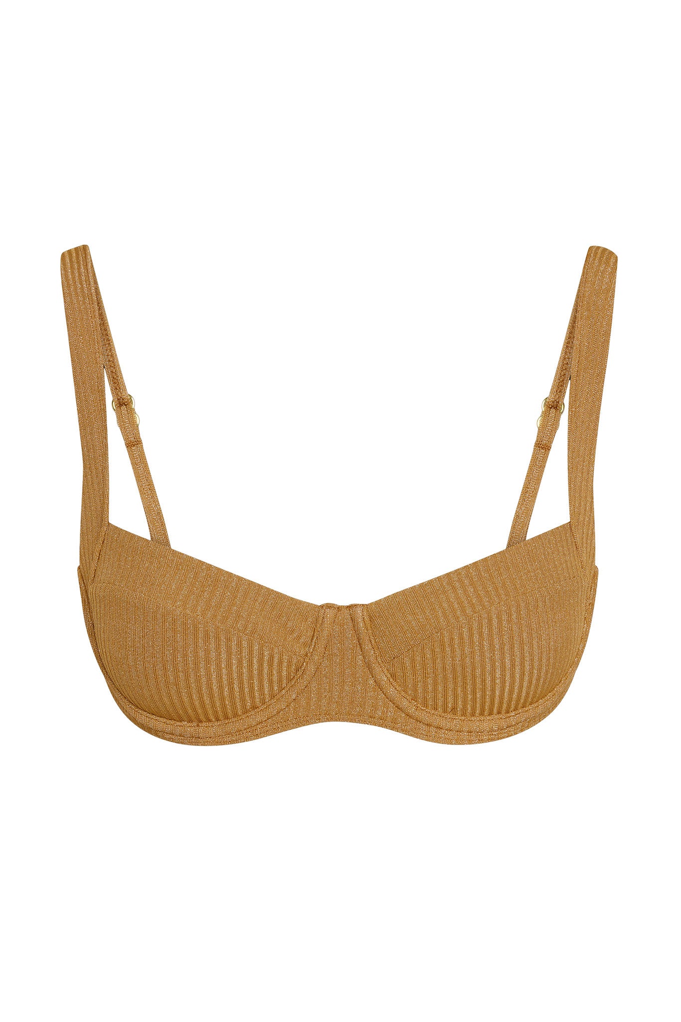 Ribbed golden-brown underwire bikini top with adjustable shoulder straps