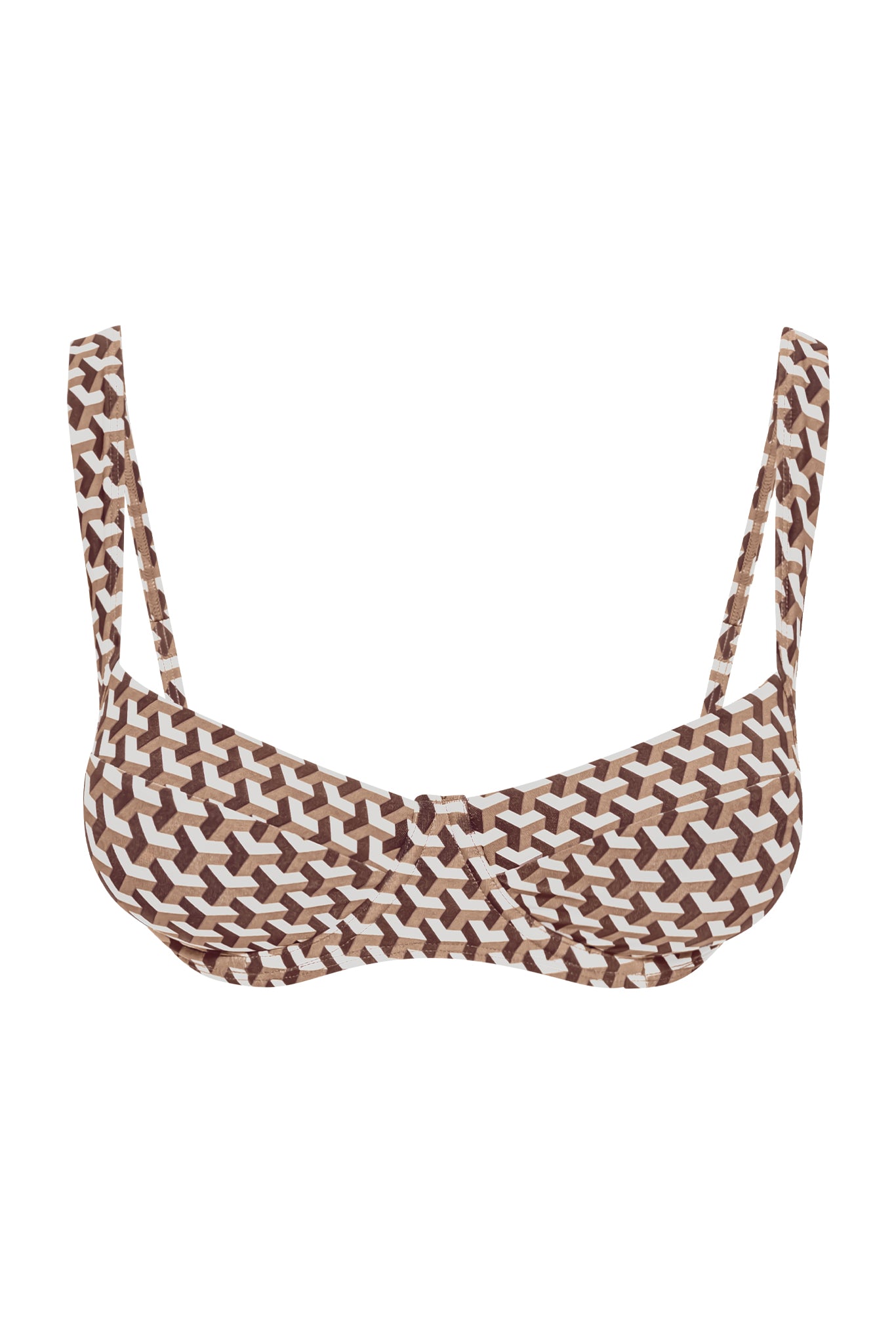 Brown and white geometric-patterned bikini top with underwire and thin shoulder straps