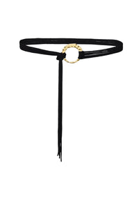 Front view of Sorrento Belt in black and gold showcasing gold O-ring hardware and adjustable knit ties on a white background