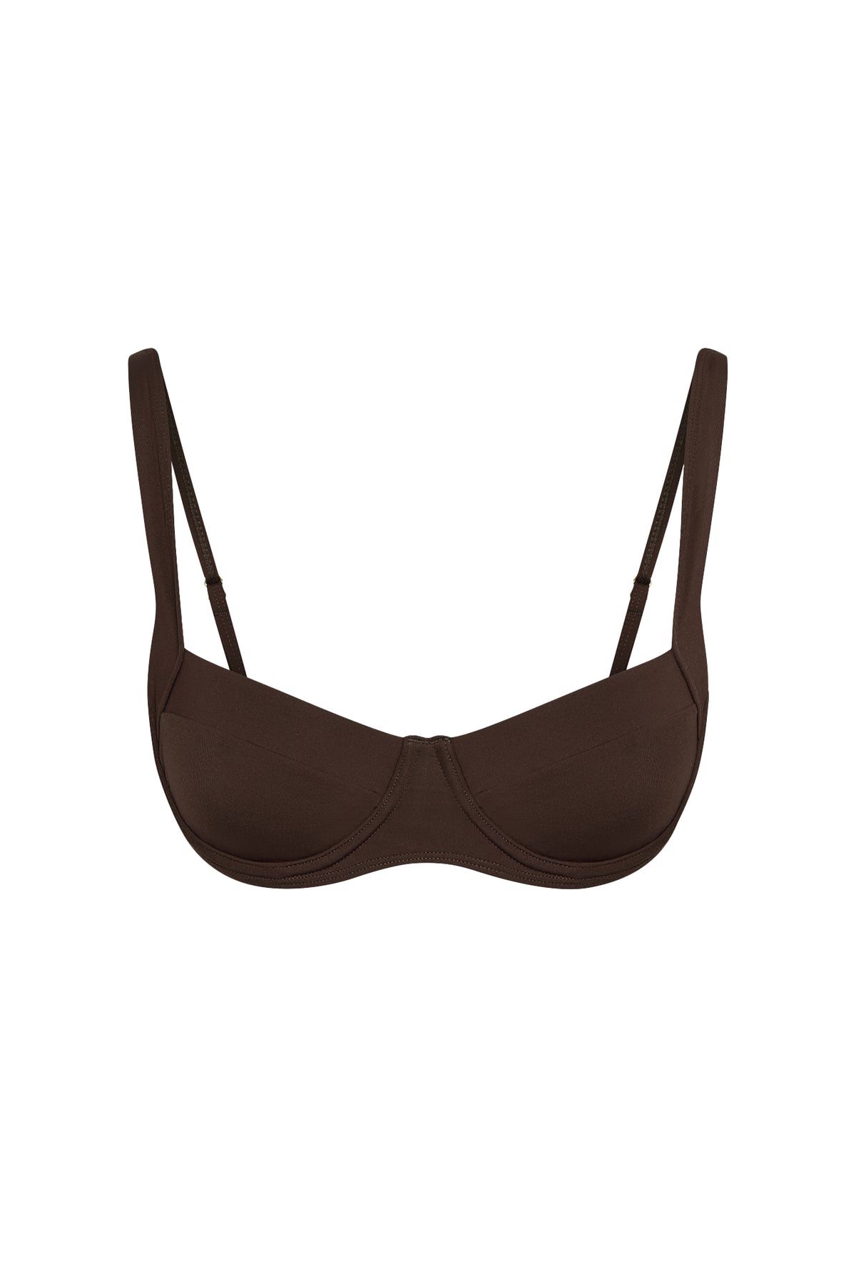 Front view of Sorrento Top in Espresso showcasing demi shaped underwire cups and adjustable shoulder straps with a white background