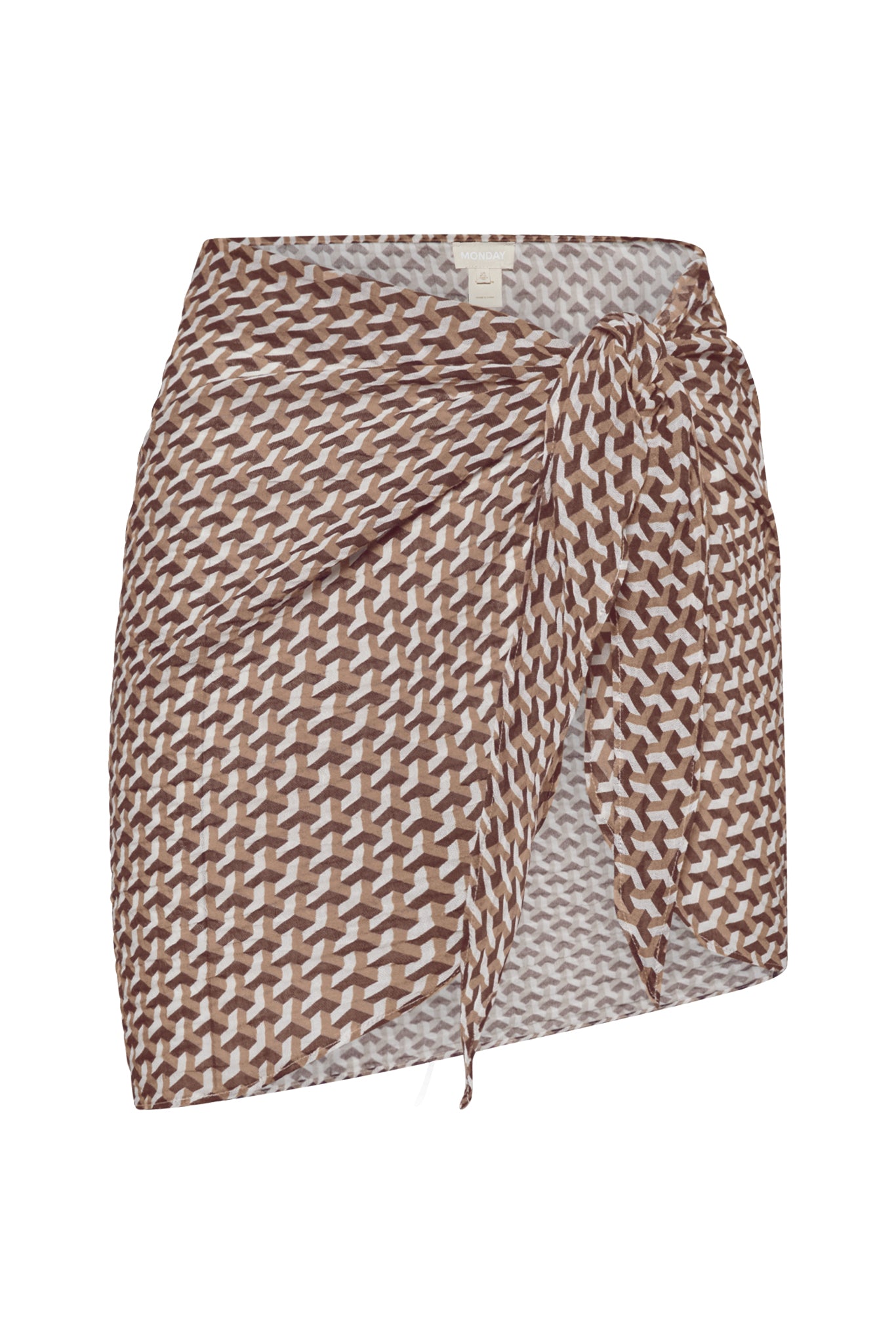 Brown and white geometric-print wrap mini skirt with side knot; clothing tag reads MONDAY.
