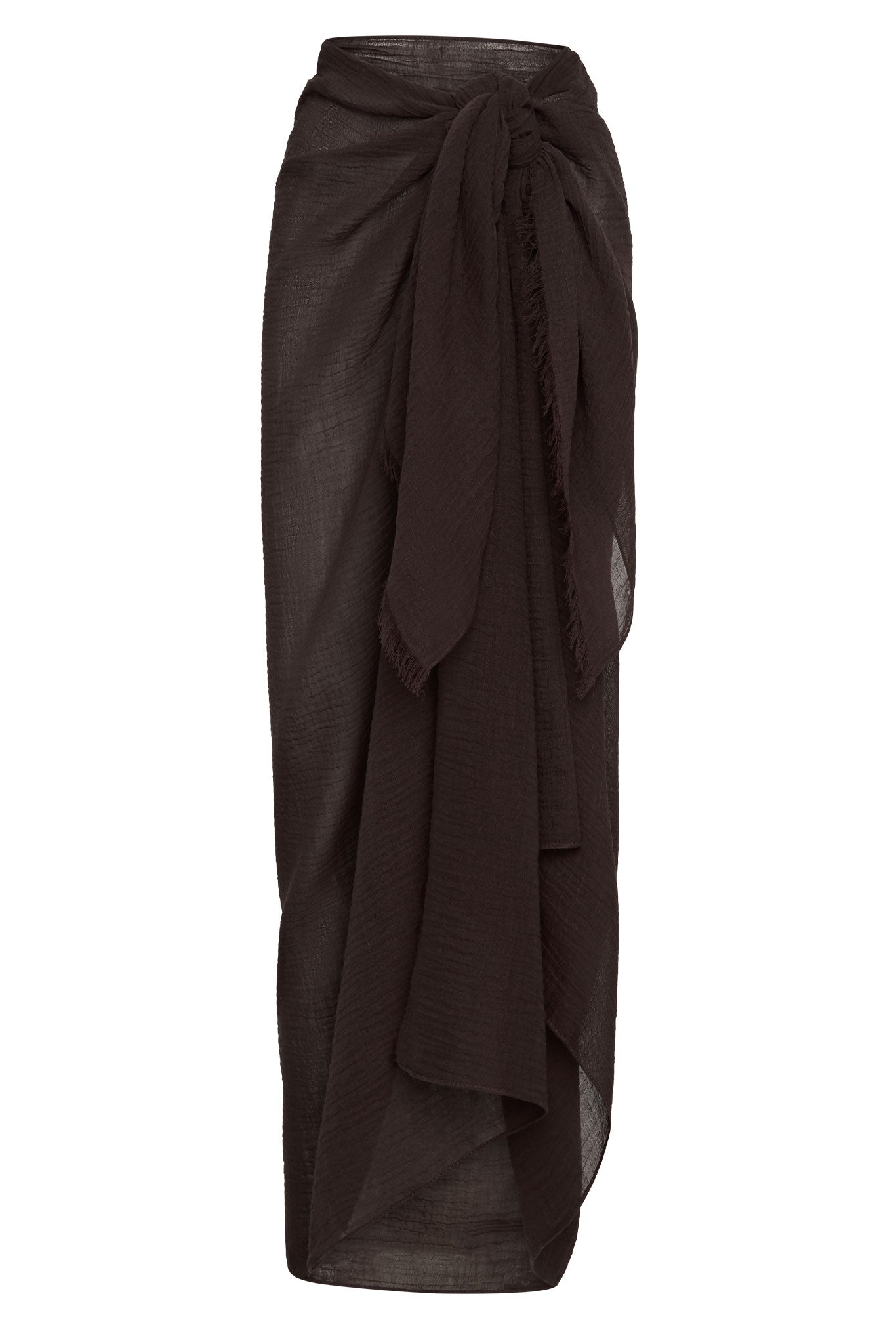 Dark brown gauzy sarong-style wrap skirt, ankle-length, tied at the waist with a knotted drape