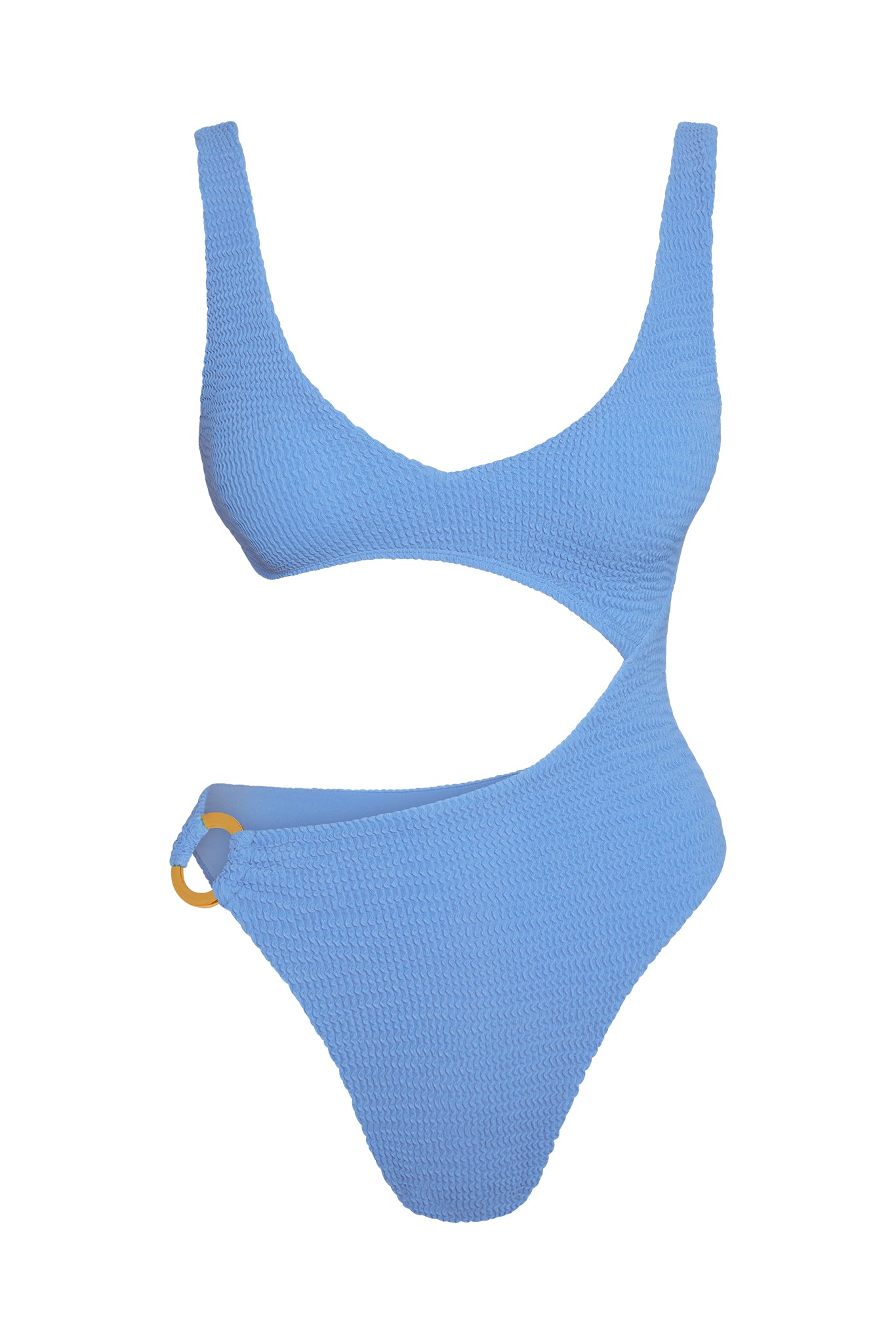 Light blue textured one-piece swimsuit with asymmetric cutout and amber ring detail on left hip