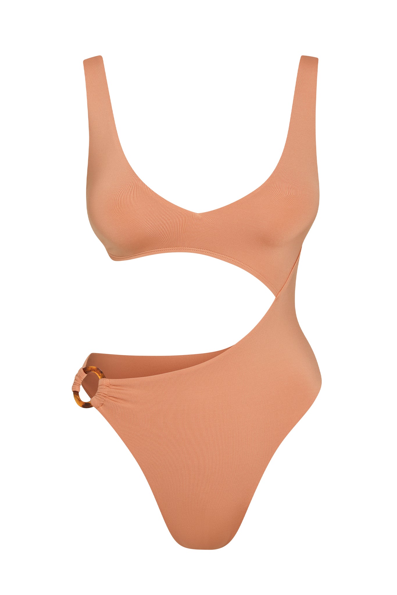 One-piece peach swimsuit with side cutout and tortoiseshell ring at hip