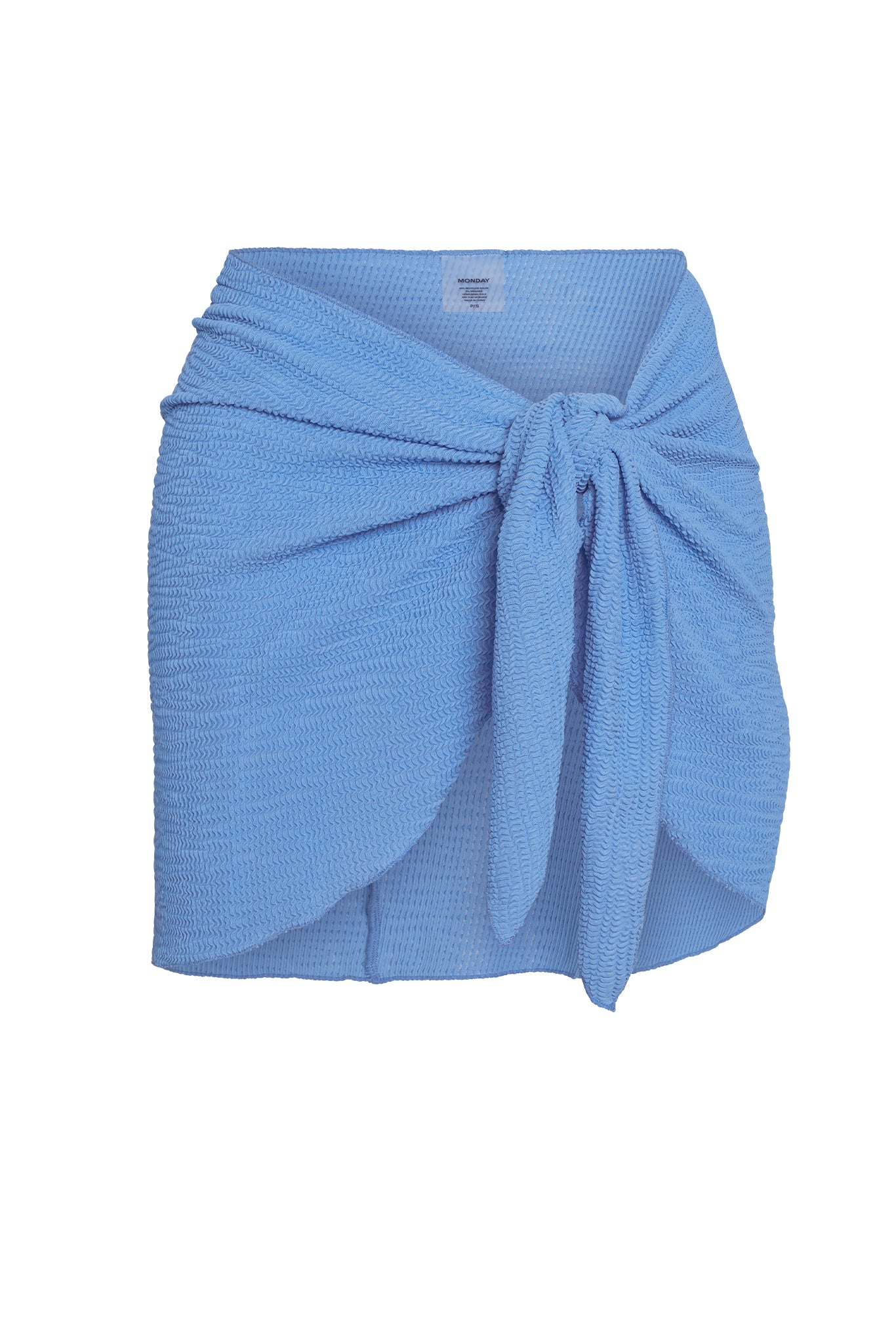 Light blue textured wrap skirt with front knot and curved hem; clothing tag reads MONDAY.