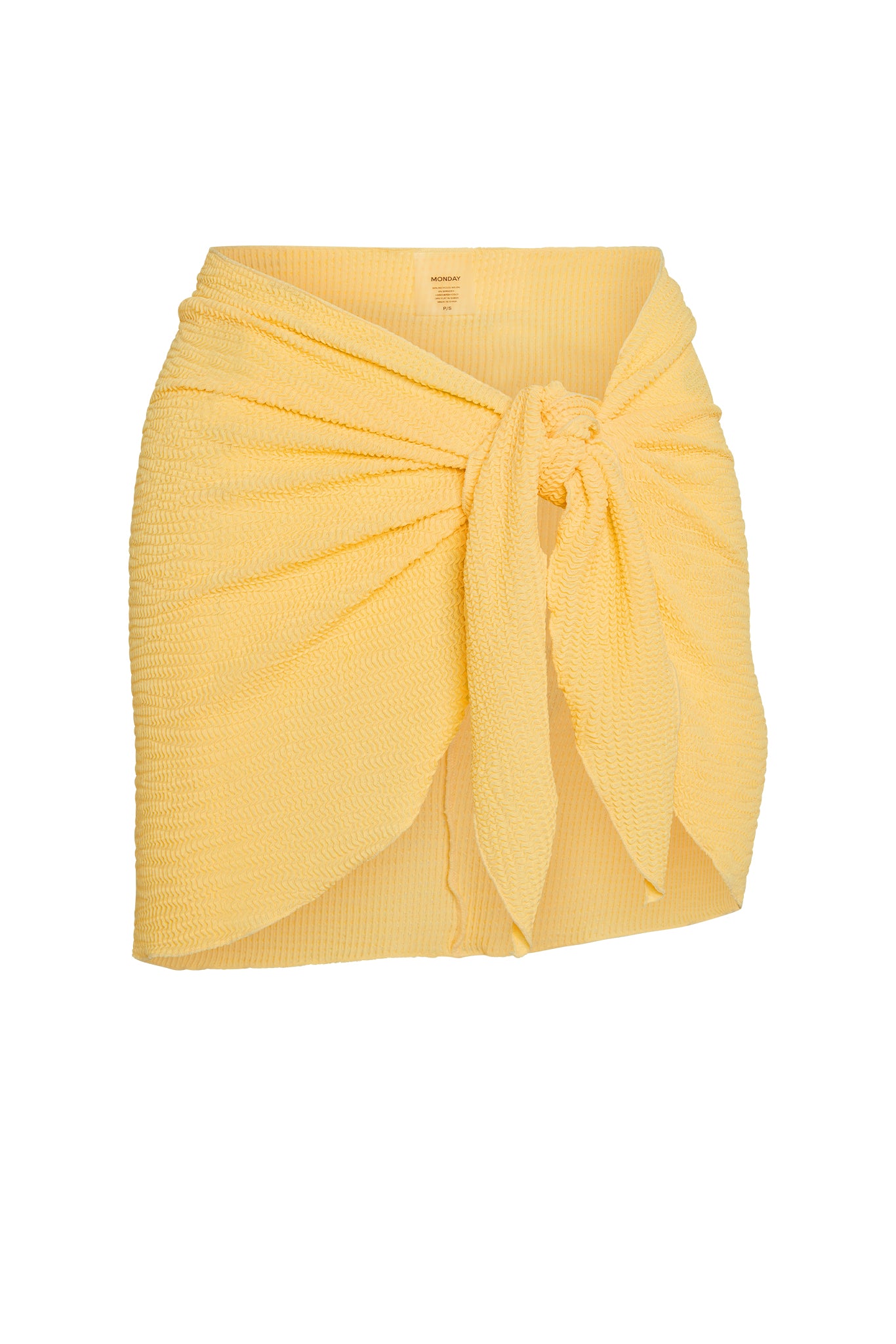 Yellow textured wrap skirt with front knot and tulip hem, label reads MONDAY