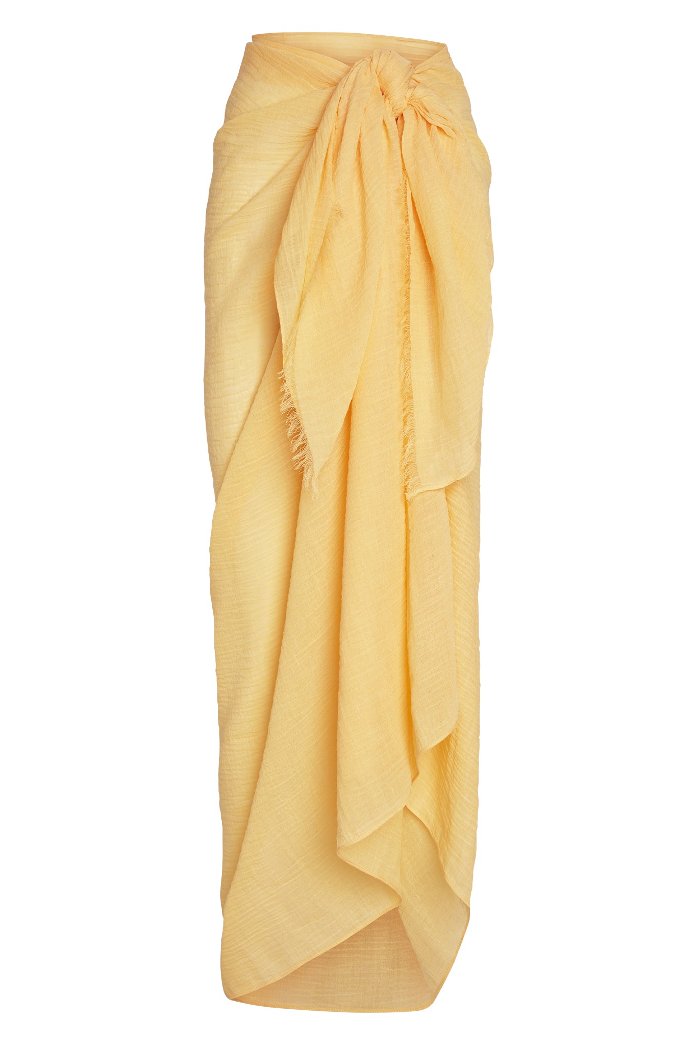 Pale yellow gauzy sarong wrapped and knotted at the waist with long draped hem
