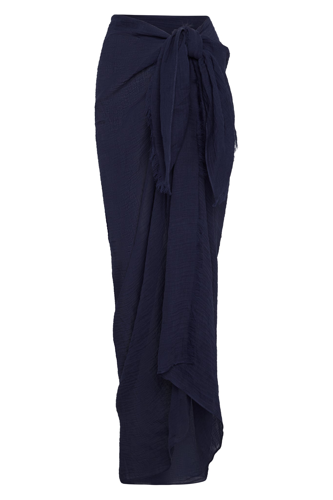 Navy blue textured sarong wrap skirt with front knot and asymmetrical draped hem.