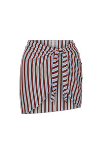 Front view of St. Barth’s Skirt in Milano Stripe showcasing a striped wrap front and tie waist with a white background
