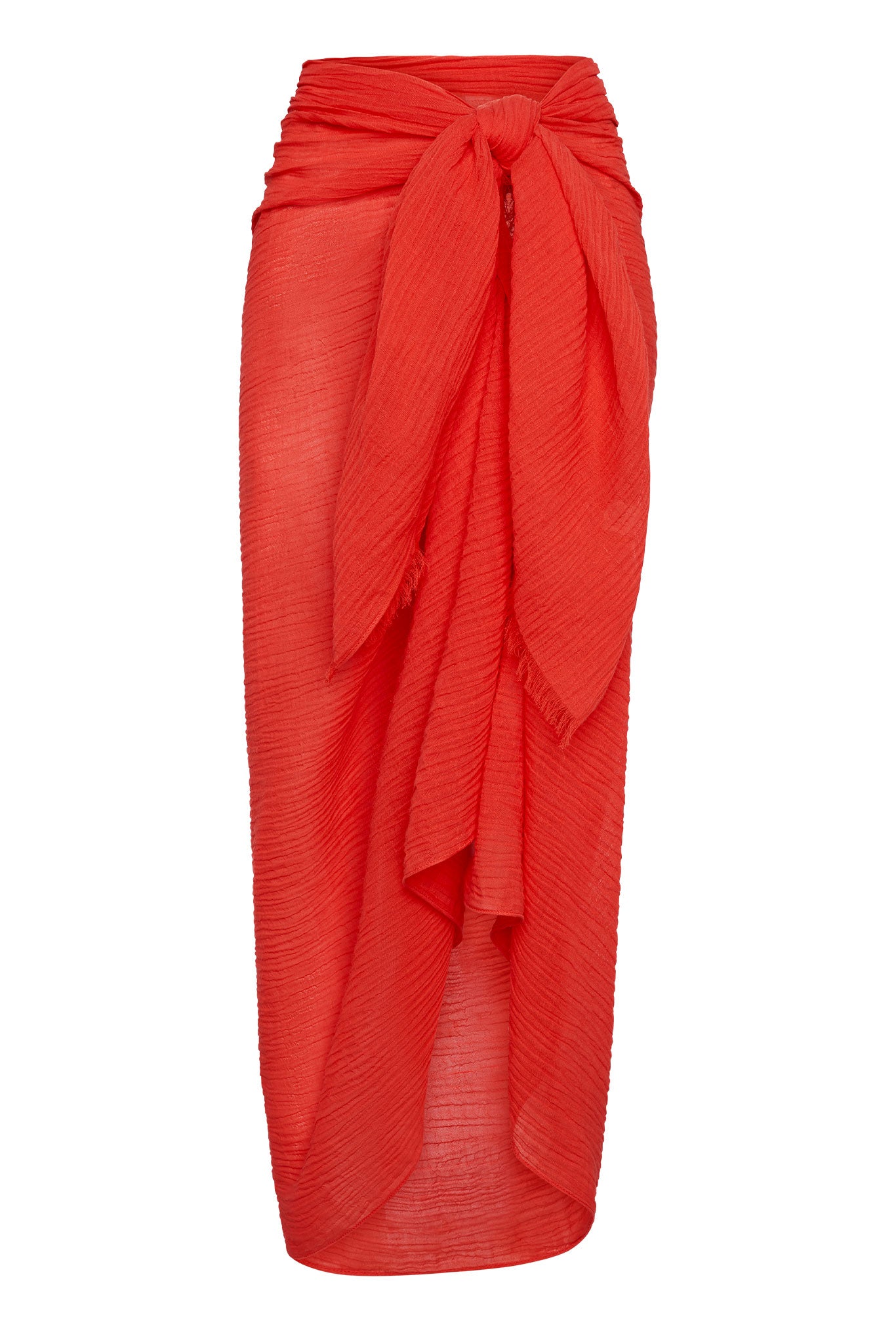 Red crinkled sarong wrap skirt tied at the front with long draped panels.