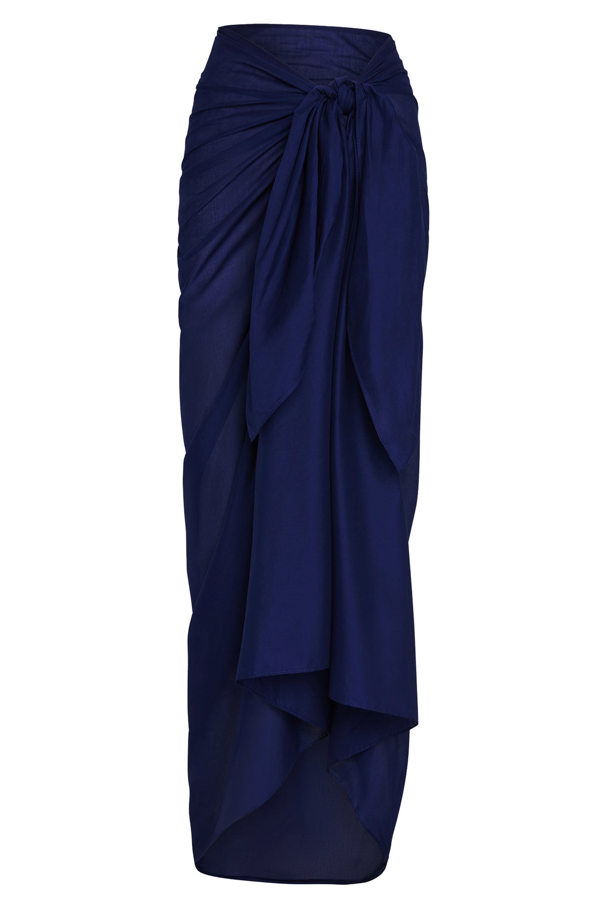 Front view of St. Tropez sarong in midnight cotton voile showcasing adjustable semi-sheer wrap tied at waist on white background