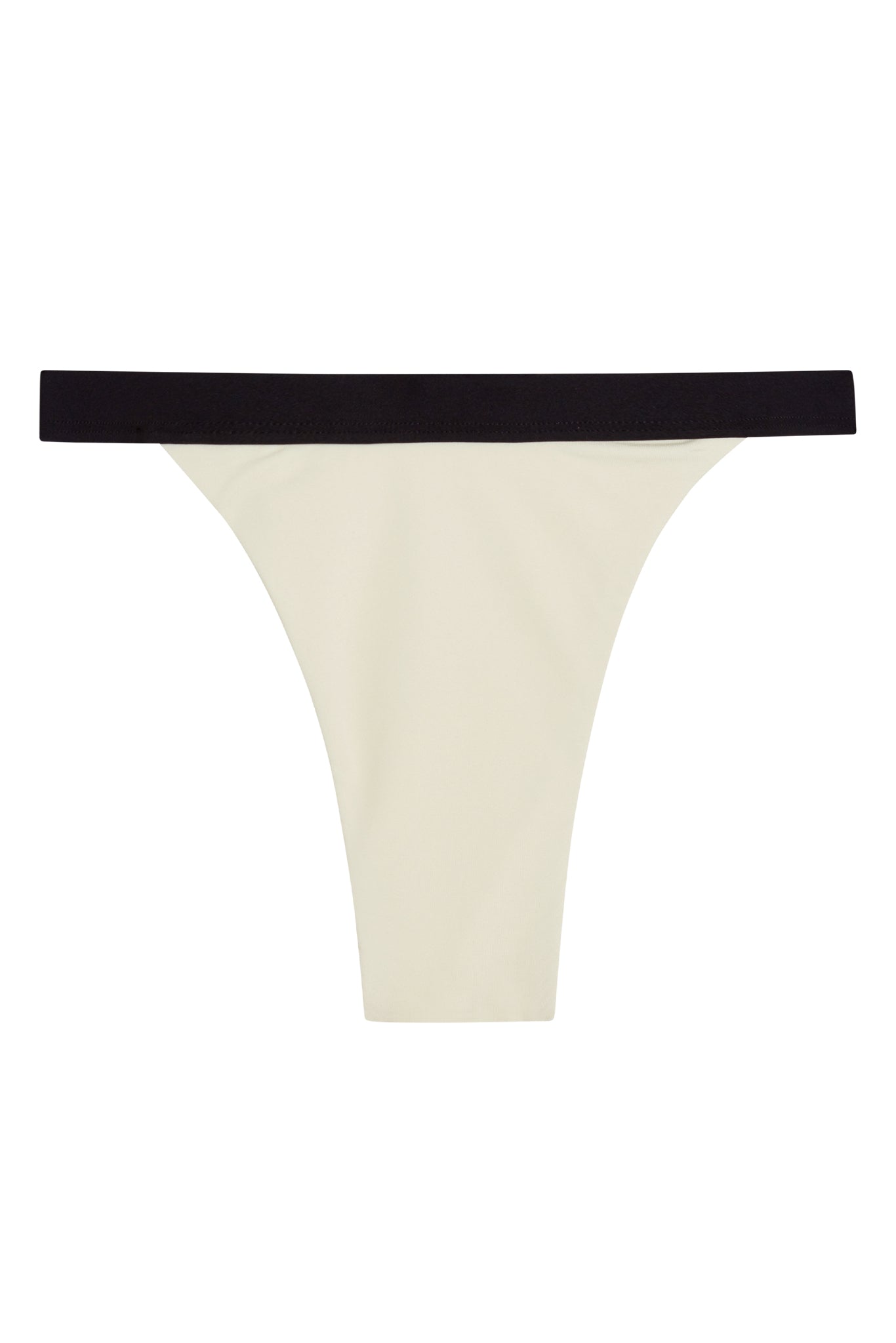 Cream thong bikini bottom with narrow black waistband, flat-lay on white background.