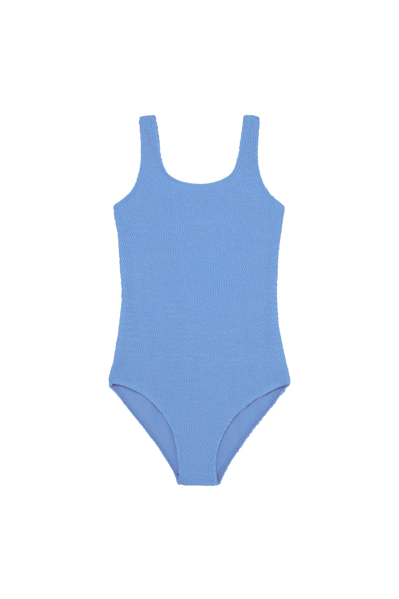 Light blue textured one-piece swimsuit with scoop neckline and wide straps, flat-lay on white background.