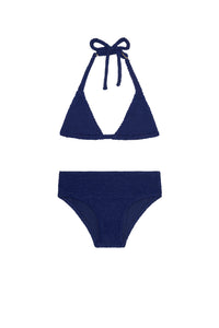 Navy textured knit two-piece bikini, halter triangle top with neck tie and high-waist brief bottoms
